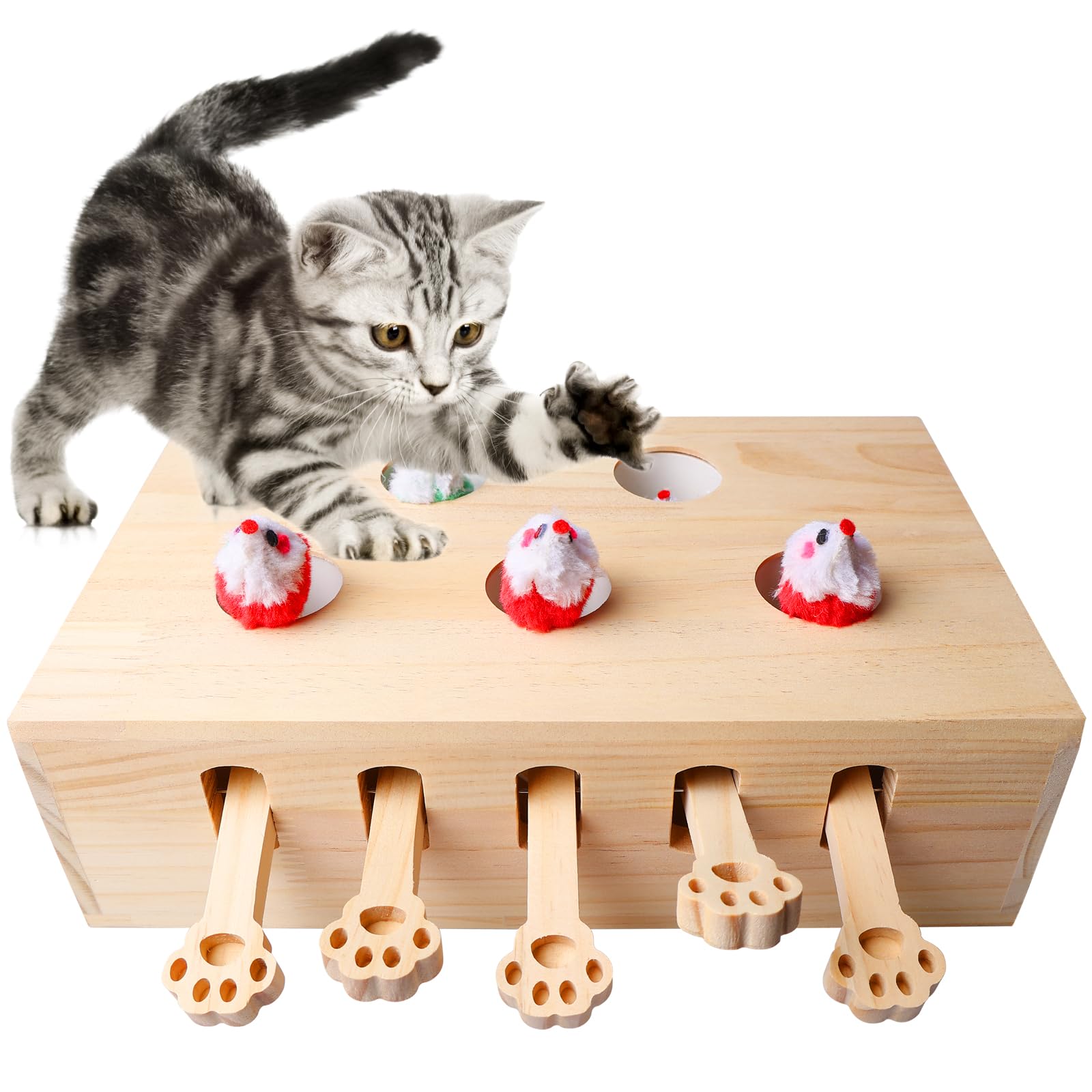 Juguete interactivo para gatos, 5 agujeros, ratones, un topo de ratón, juguete de madera para gatos, caza, juego, entrenamiento para rascarse (color madera)