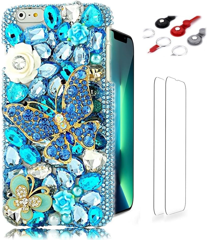 Glitter Design Phone Case Compatible with iPhone SE 2020 - Girls Women 3D Luxury Shiny Bling Handcrafted Protective Cover with Screen Protector, Phone Lanyard - Blue Butterfly