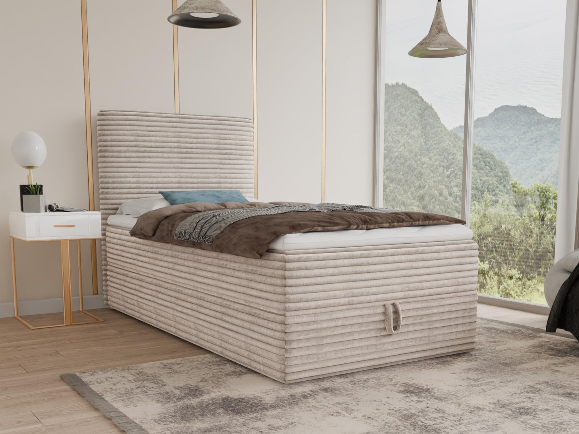 Sofnet Boxspringbett Mollo Mini mit Bettkasten und Matratzentopper - Einzelbett mit Bonell-Matratze und Topper, Polsterbett in weichem Cordstoff, Bett, Schlafzimmer (Beige (Tilia 03), 120 x 200 cm)