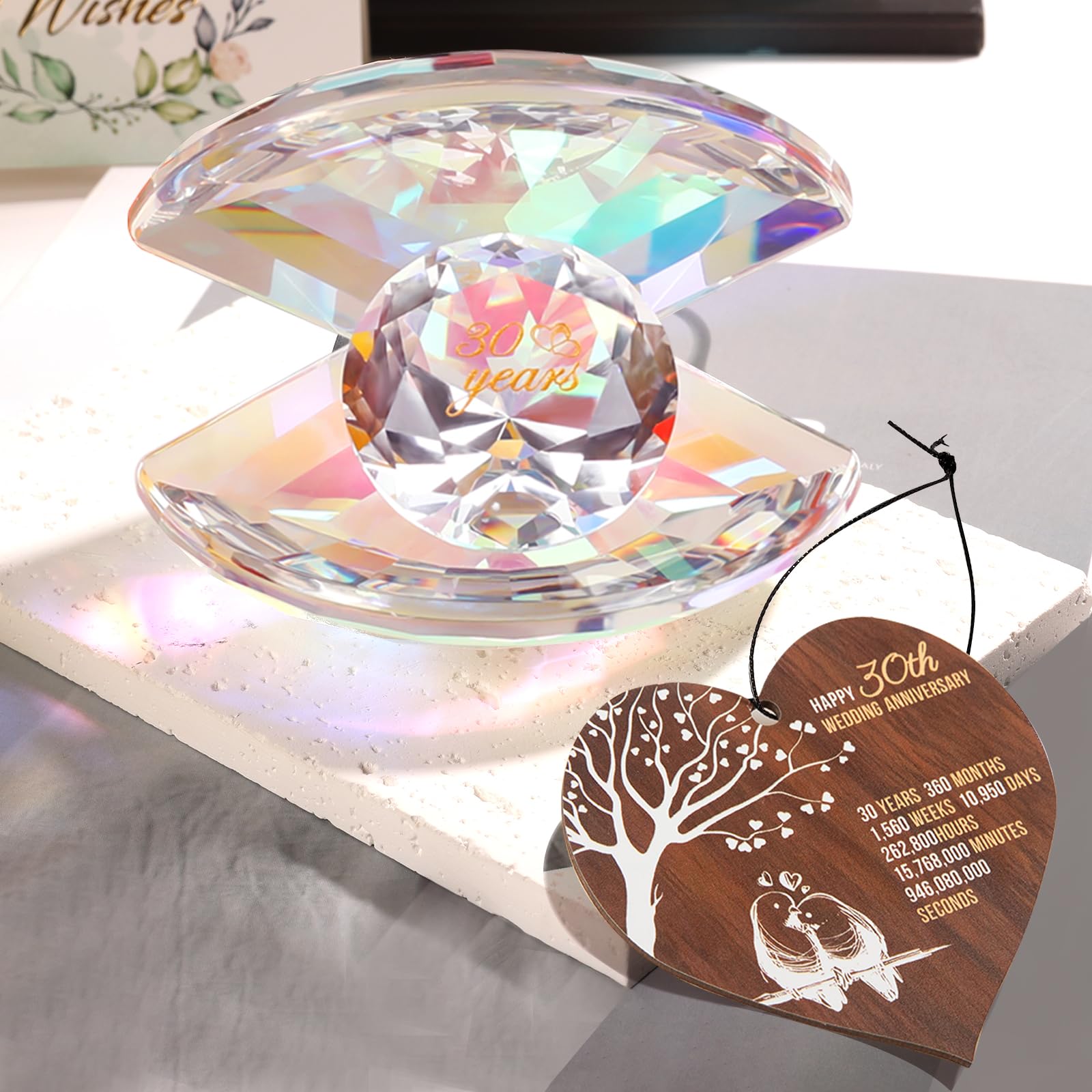 Pkinmonut Pearl Shells Crystal Ornaments 30th Wedding Anniversary Romantic Gifts for Couples 30th wedding Anniversary Presents for Parents glass ornaments with Wooden Heart Plaque and Card - Image 2