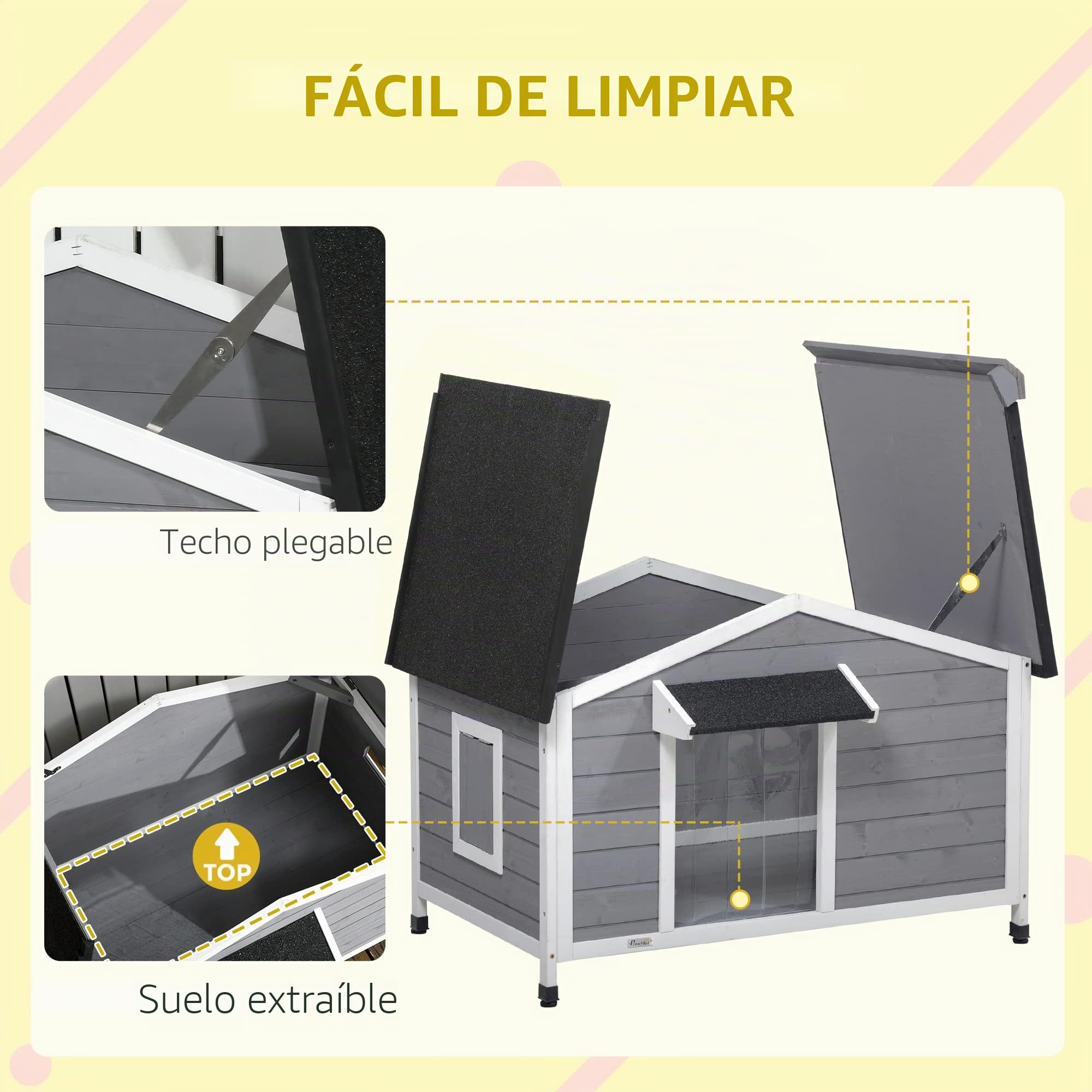 PawHut Caseta de Madera para Perros Pequeños y Medianos - Techo de Asfalto Practicable y Suelo Desmontable - Exterior, Gris, 109 x 79 x 72 cm