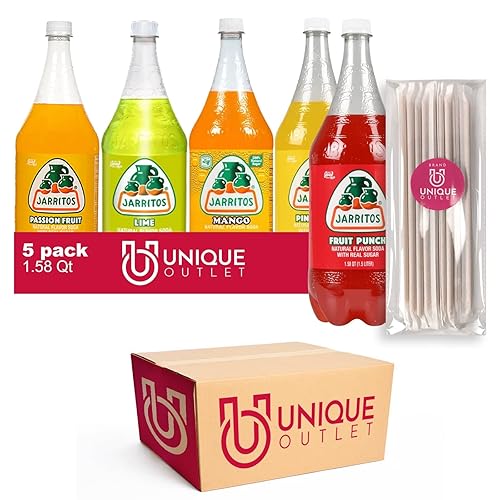 Jarritos Collection - Paquete de 5 botellas de plástico para refrescos mexicanos de 50 onzas líquidas (1.5 litros) + 25 popotes desechables de caña