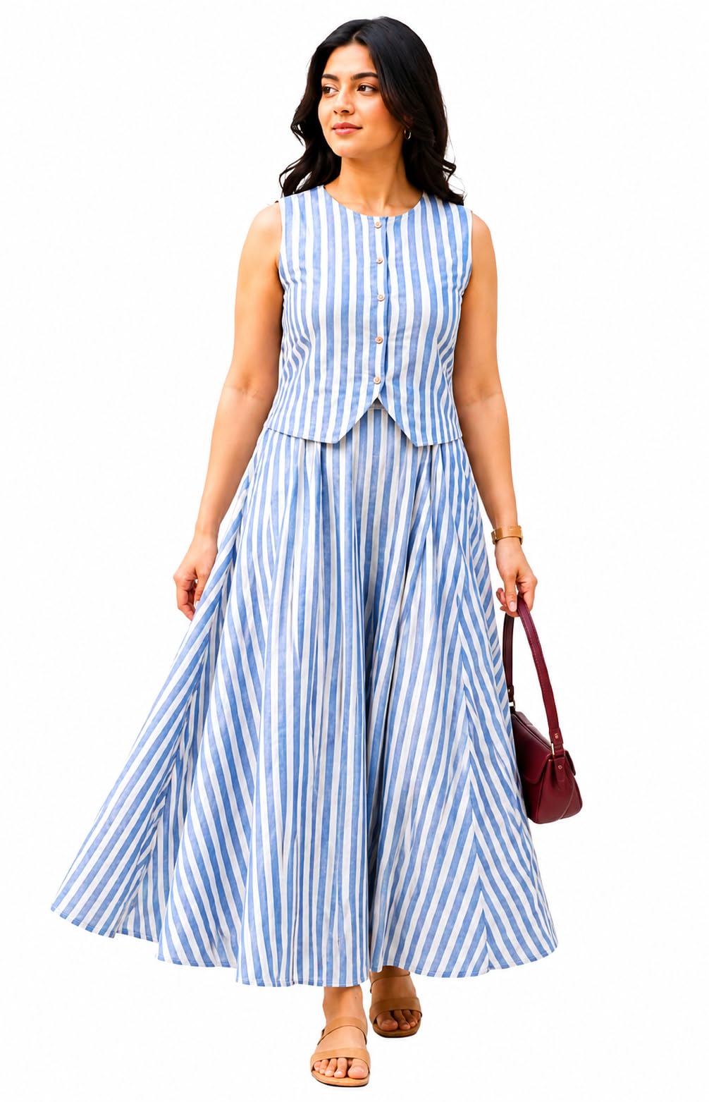 Women's Blue & White Striped Sleeveless Top and Maxi Skirt Set-picture-11