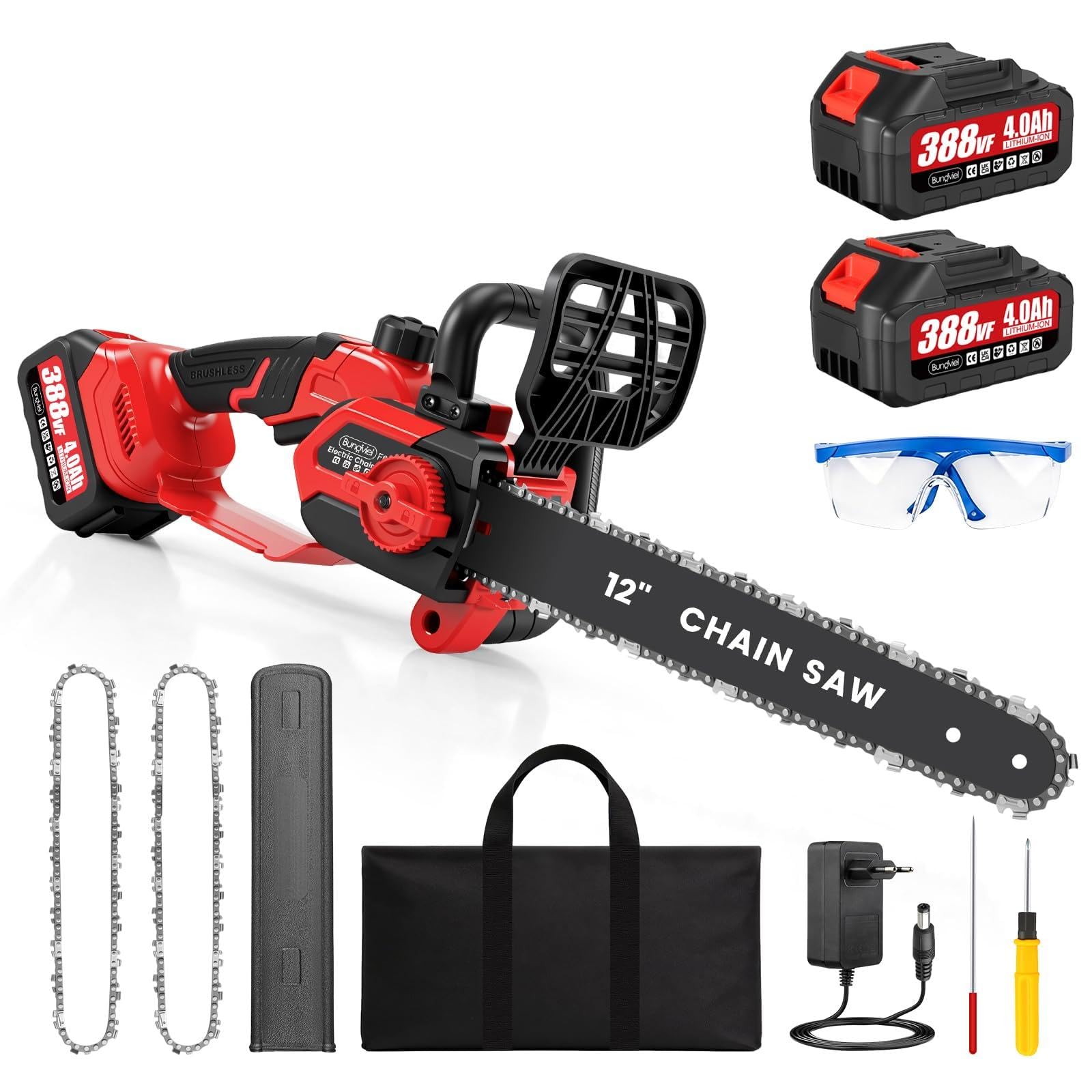 Akku Kettensäge Kompatibel mit Makita Akku, 12 Zoll Astsäge Akku Bürstenlosem Motor mit 2×4Ah, 2 Ersatzketten, Elektro-Kettensäge mit Autom. Kettenschmierung, ideal für Gartenholz & Äste