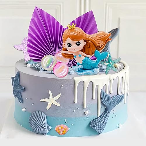 Miniatura 3 de Lukinuo Decoración para tartas de sirena, 24 piezas, figura de sirenita bajo el mar, decoración para tartas de algas, hojas de palma, estrellas de