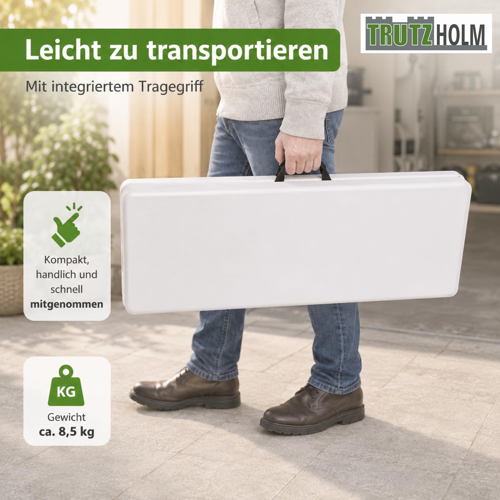 TRUTZHOLM Bierzeltbank 2er Set klappbar 180 cm für je 4 Personen, weiß, Stahlgestell pulverbeschichtet, HDPE-Sitzfläche, mit Tragegriff, witterungsbeständig, für Innen- und Außenbereich