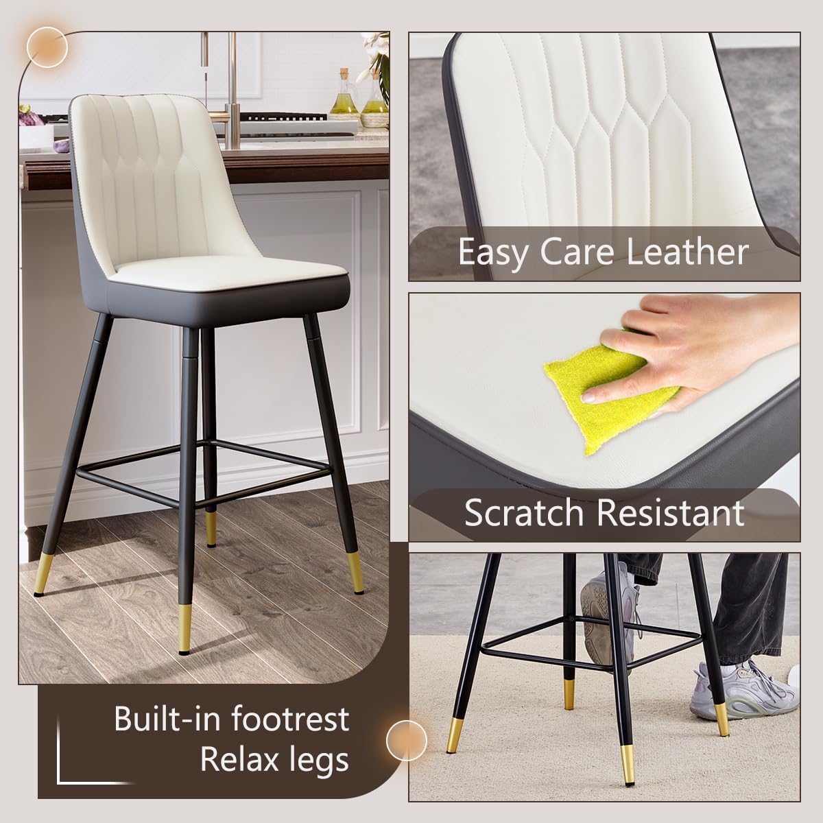 Counter Height Bar Stools Set of 4,27" Modern Bar Stools with Back,Upholstered Counter Height Bar Stool with Sturdy Metal Footrest,Kitchen Island Chairs for Home Pub (White-Grey,4)