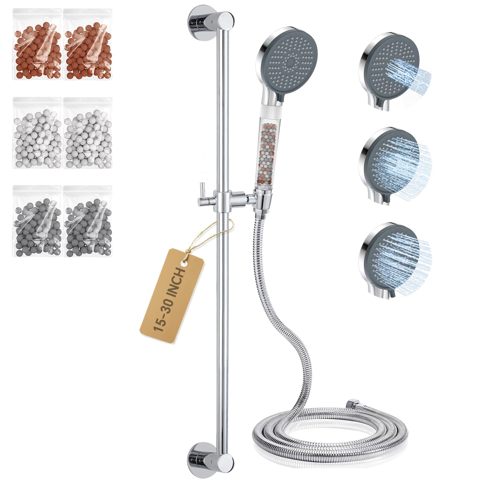 Photo 1 of YDmeet Filtered Handheld Showerhead with 30-Inch Shower Slide Bar Set, 3-Mode Spray Setting, Long Metal Hose, Extra 6 Packs Replacement Mineral Balls for Refills, Chrome