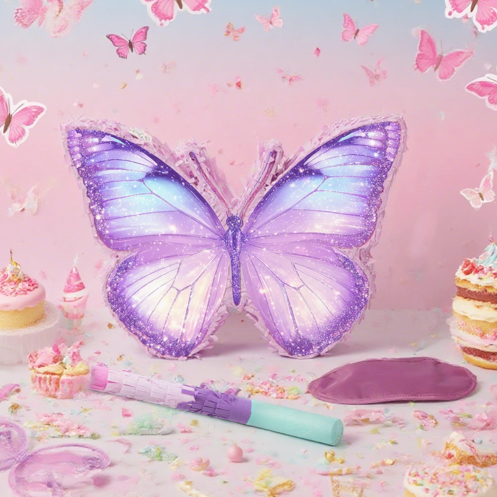 Butterfly Piñata - Purple Butterfly Piñata with Bat and Blindfold for Girls Kids Purple Themed Birthday Party Game Decorations (16”x11.5”x3”)