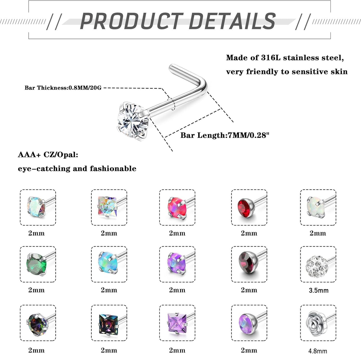 YADOCA 低刺激性ノーズリング 50個 20G サージカルスチール ノーズリングスタッド L字型ノーズピアス ジュエリー CZ