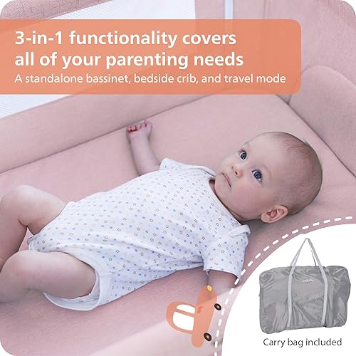 Vista 4 de Cuna Unilove Hugme Plus, cama de noche y cuna lateral, incluye bolsa de viaje y colchón, para bebé, Rosado ciruela