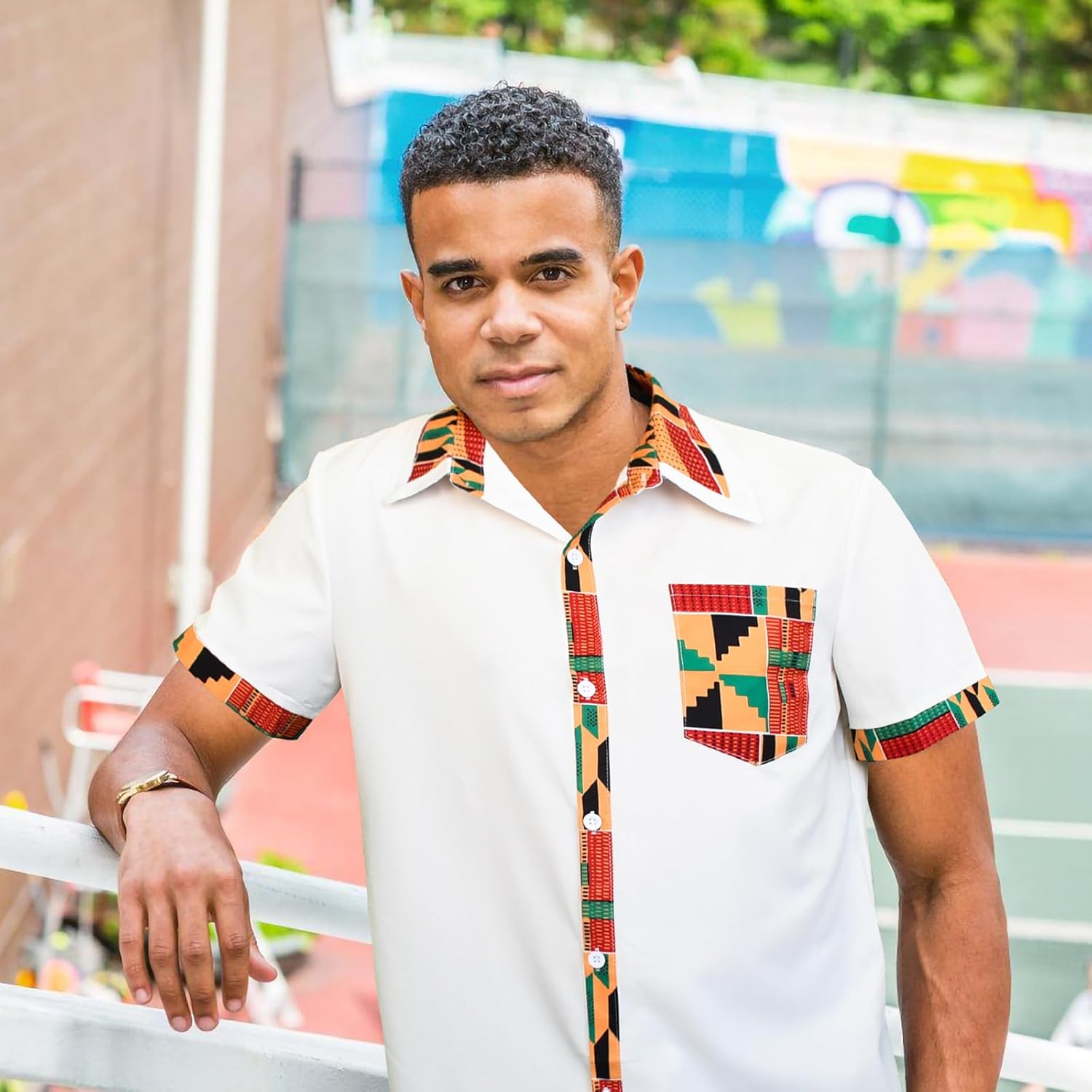 Men's Hipster African Printed Tribal Graphic Patchwork Design Short Sleeve Button up Shirt Mandarin Collar Shirts - Image 3