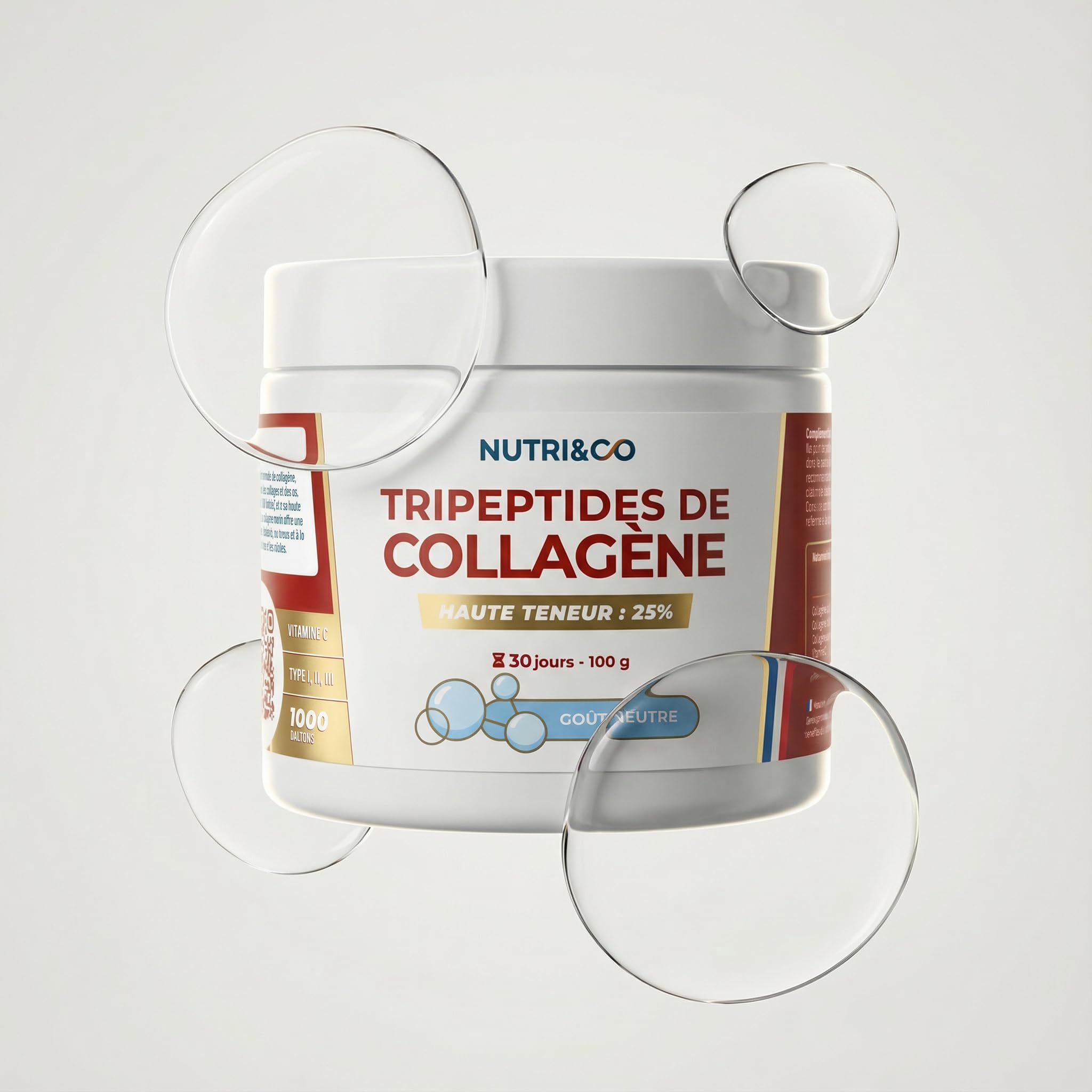 NUTRI & CO Tripeptides de Collagène + Vitamine C – Peptides Premium Biodisponibles 1000 DA – Morikol®, Solugel® Supra & Cartidyss® – 100g Goût Neutre 30jrs, Fabriqué en France