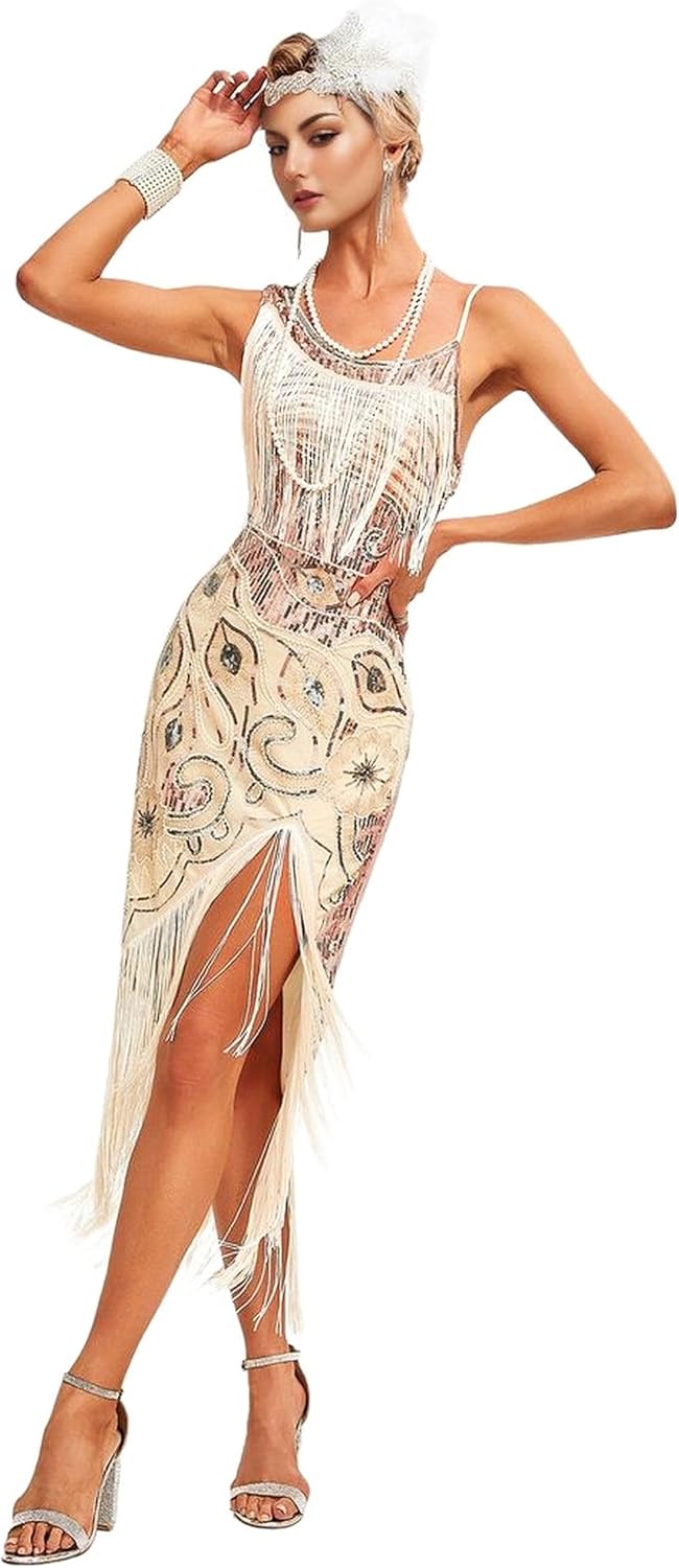 Peacock-inspired 1920s Gatsby Beaded Flapper Sling Dress Womens Vintage Cocktail Dress W/Complete Accessories Set - Image 3