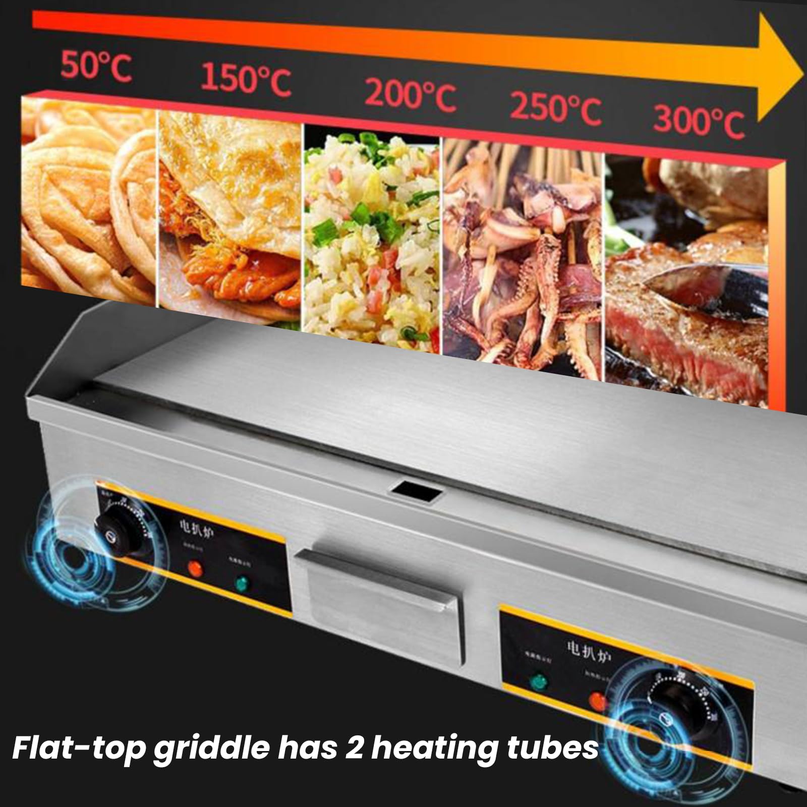 Plancha Eléctrica Profesional 73X40cm con Cepillos Y Palas Eléctrico para Cocina Parrilla Barbacoa Acero Inoxidable Temperatura 50-300 °C, 4400W, con Bandeja Recoge Grasa, Antisalpicaduras