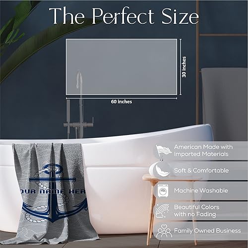 Miniatura 5 de Toalla de playa con ancla personalizada para hombres con nombre personalizado, tema náutico vintage para piscina, viajes, baño, algodón suave y