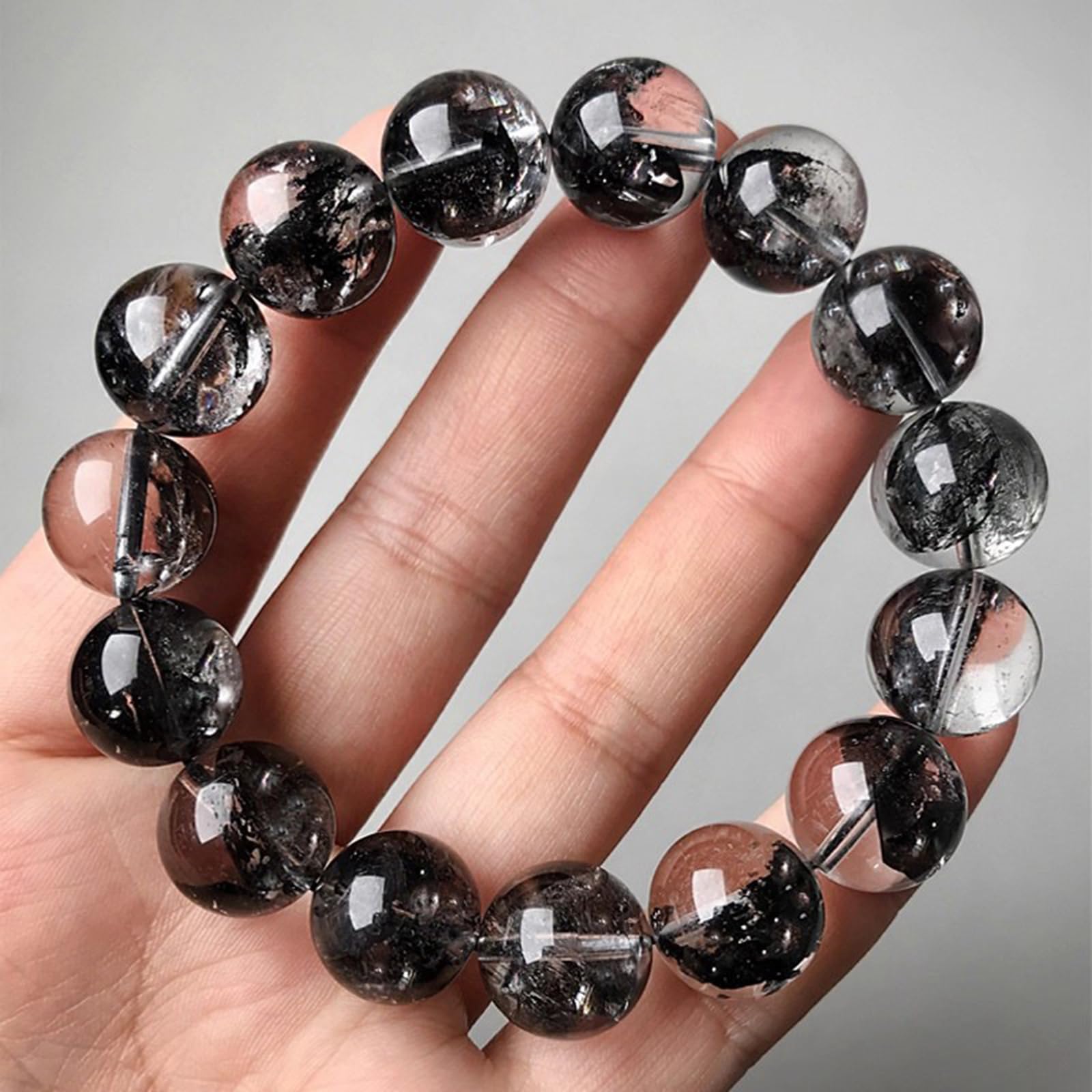 Pulseras de Cristal Negro Brillante, Pulsera de Cuentas de Cristal Negro Natural, Pulsera elástica de Cuentas de Yoga para Regalos de cumpleaños y Amistad en Navidad,10mm