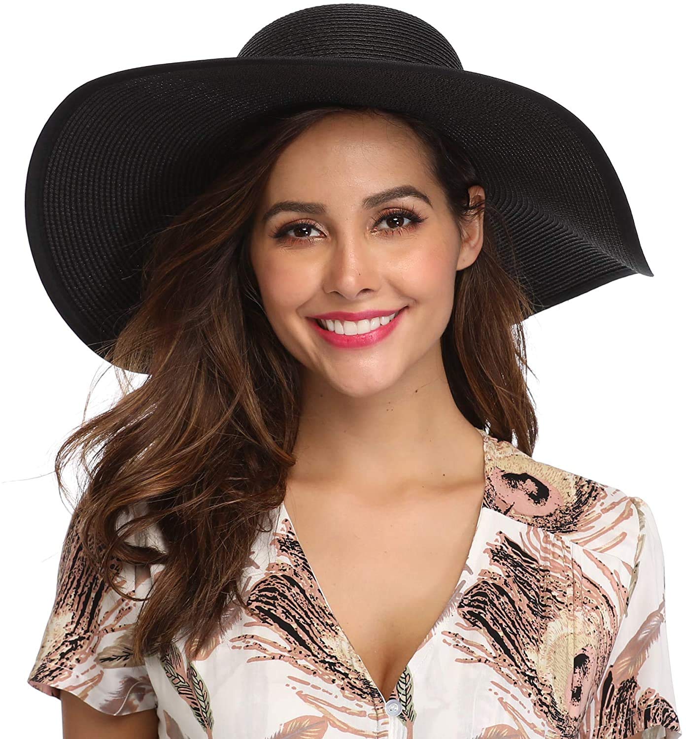DRESHOW Womens Wide Brim Straw Hat Floppy Foldable Roll up Cap Beach Sun Hat UPF 50+