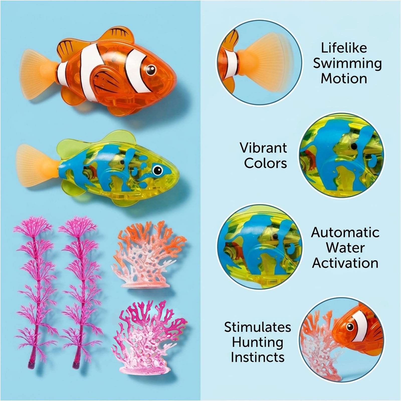 2 Pcs Robo Fishs Robot Fish with 2 Pcs Simulation Seaweed and 2 Pcs Simulation Coral, Bath Fish Swimming Set, Auto Swim in Water, Realistic Movement for Bath Time Fun — view 3