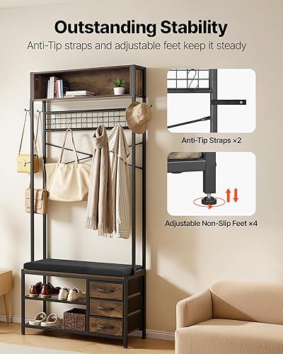 Miniatura 6 de VEVOR Árbol de pasillo con banco y almacenamiento de zapatos, banco de entrada con perchero, 3 cajones, 3 cubos de almacenamiento, 7 ganchos con