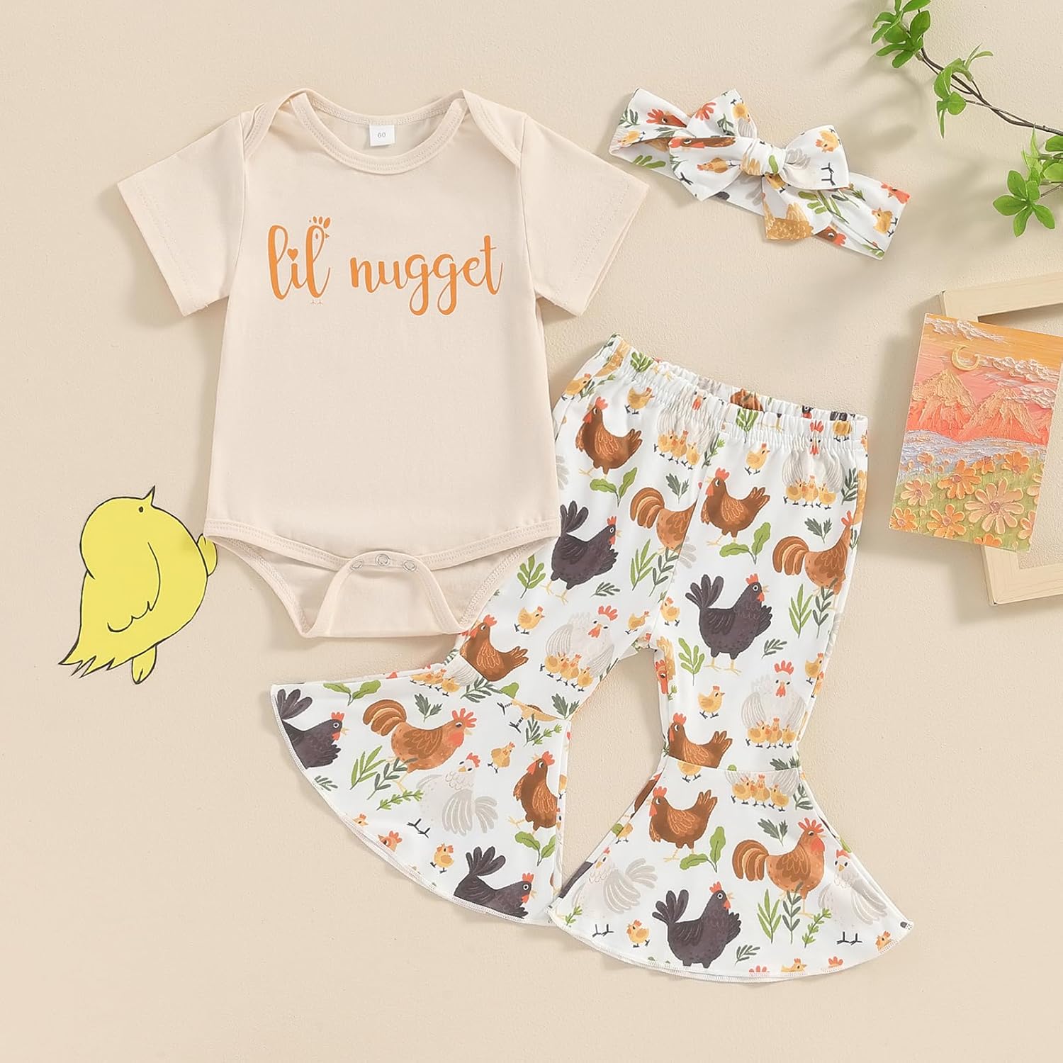 Karuedoo Newborn Baby Girl Farm Outfits Letter Print Short Sleeve Romper Chicken Flared Pants Headband 3Pcs Outfits Sets - Image 2