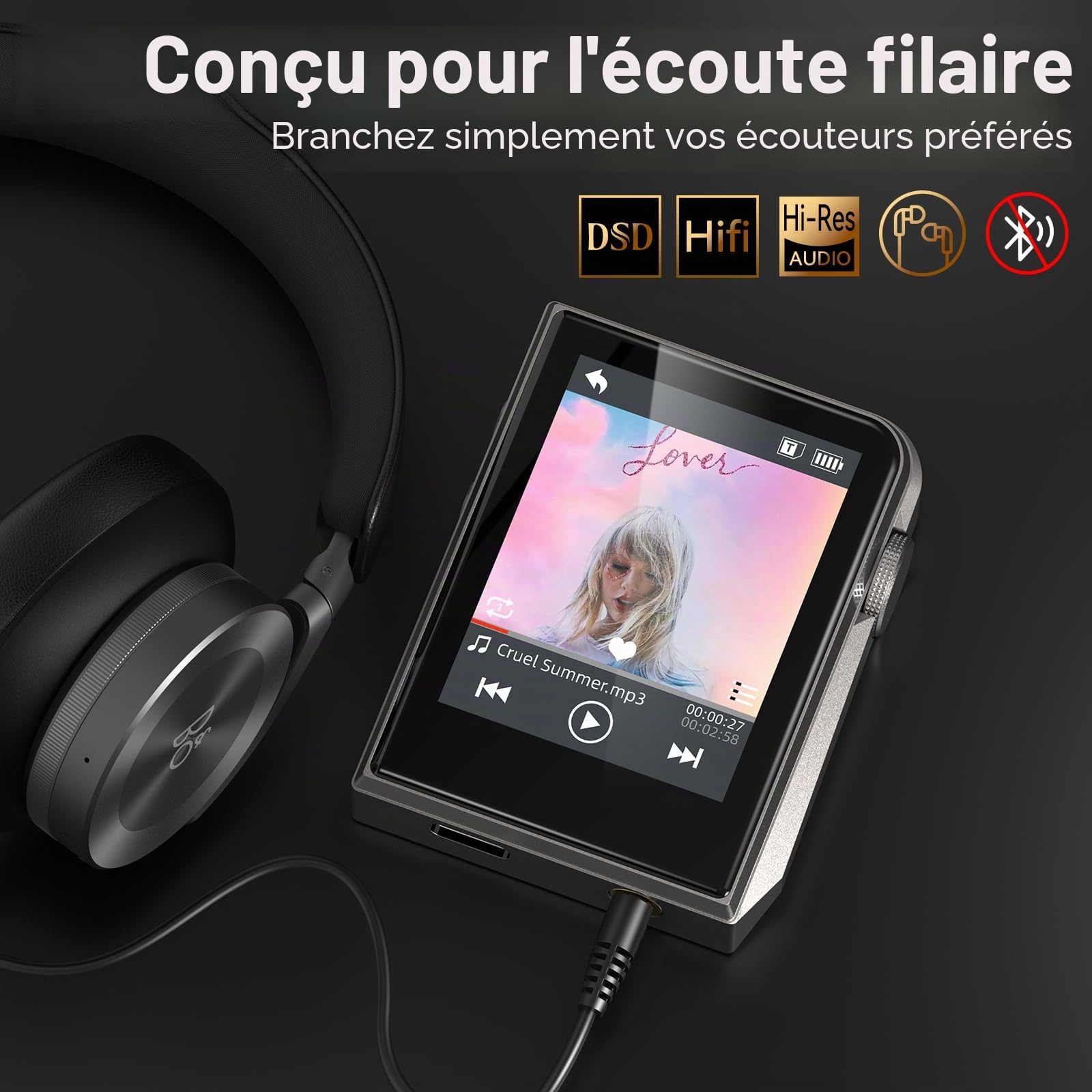 64GB HiFi Lecteur MP3, DAC DSD Portable Music Player, Écran Tactile 2 Pouces, Fonction de Reprise, Boîtier en Aluminium CNC, Expansion microSD 128GB