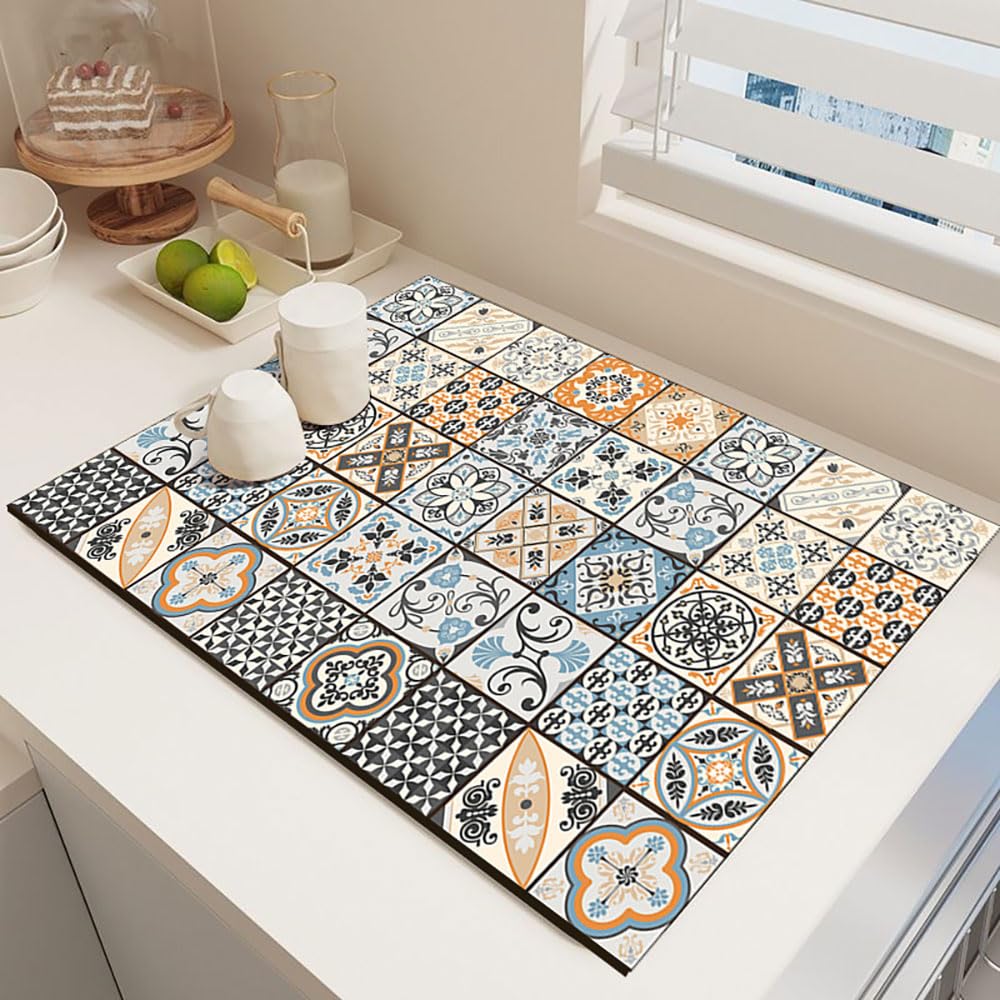 Odot Dish Drainer Mat, Moroccan Style Non Slip Washable Drainer Mat Dish Drying Mats for Kitchen, Nanofiber Diatomaceous Earth Multifunctional Drying Mat (Sky Blue,50x80cm)