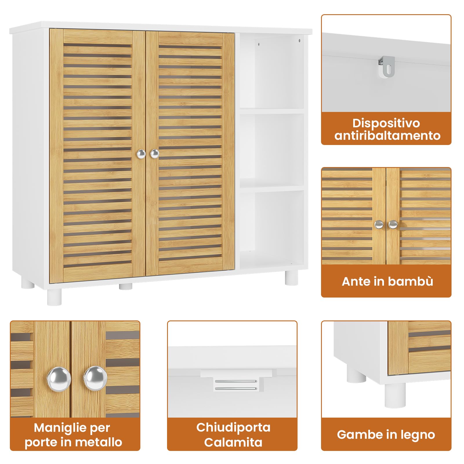 Meuble de Salle de Bain, Commode, Meuble Rangement Salle de Bain avec 3 Étagères Ouvertes et 2 Portes en Bambou, Armoire Gain de Place pour Salle de Bains, Cuisine, Salon, 77 × 30 × 80CM