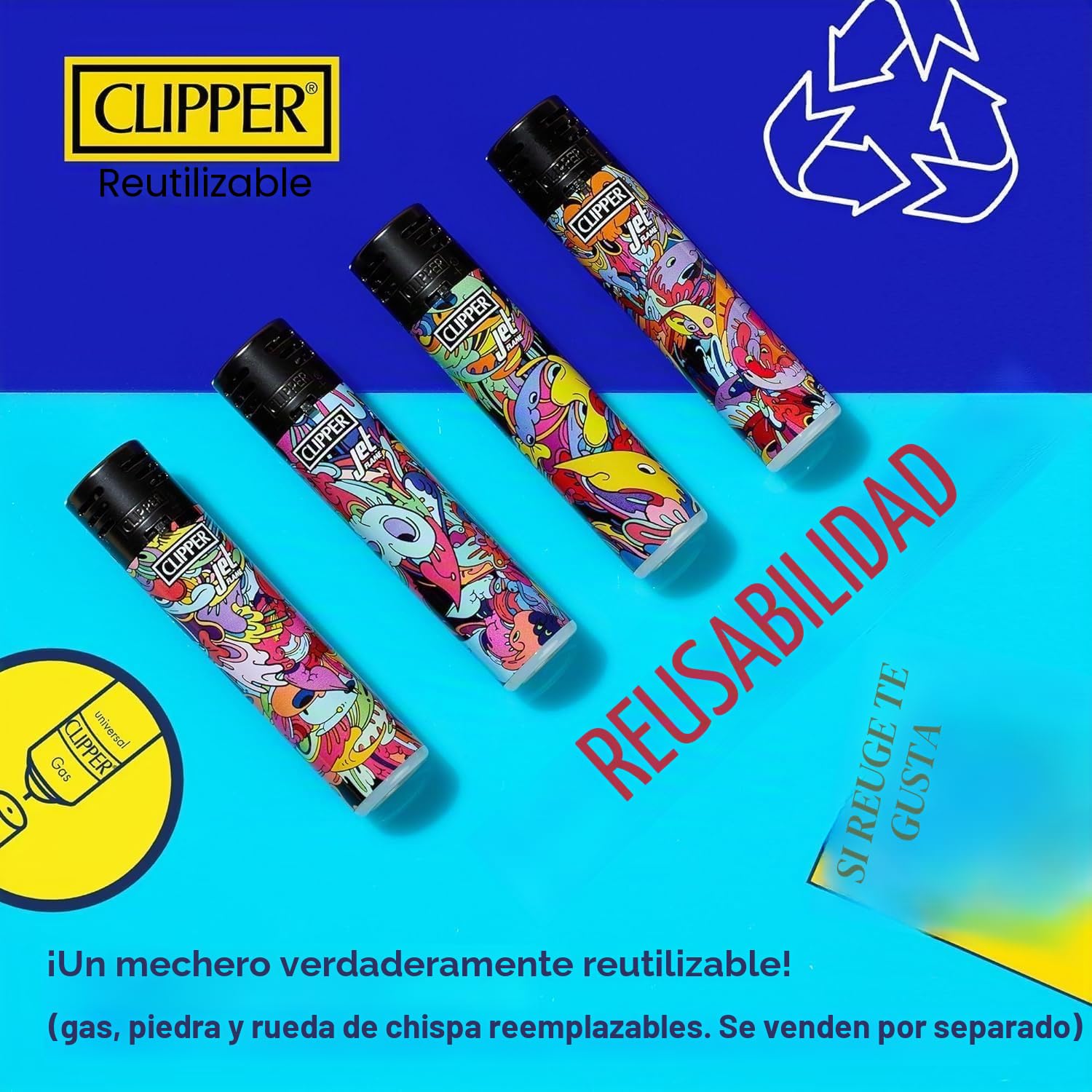 Pack de 48 Encendedores Clipper - Seguros y Recargables - Colores Variados - Refillable +5 Gas ISOBUTANO para MECHEROS + Clipper 9 Piedras de Mechero (Nebula Mix 1)