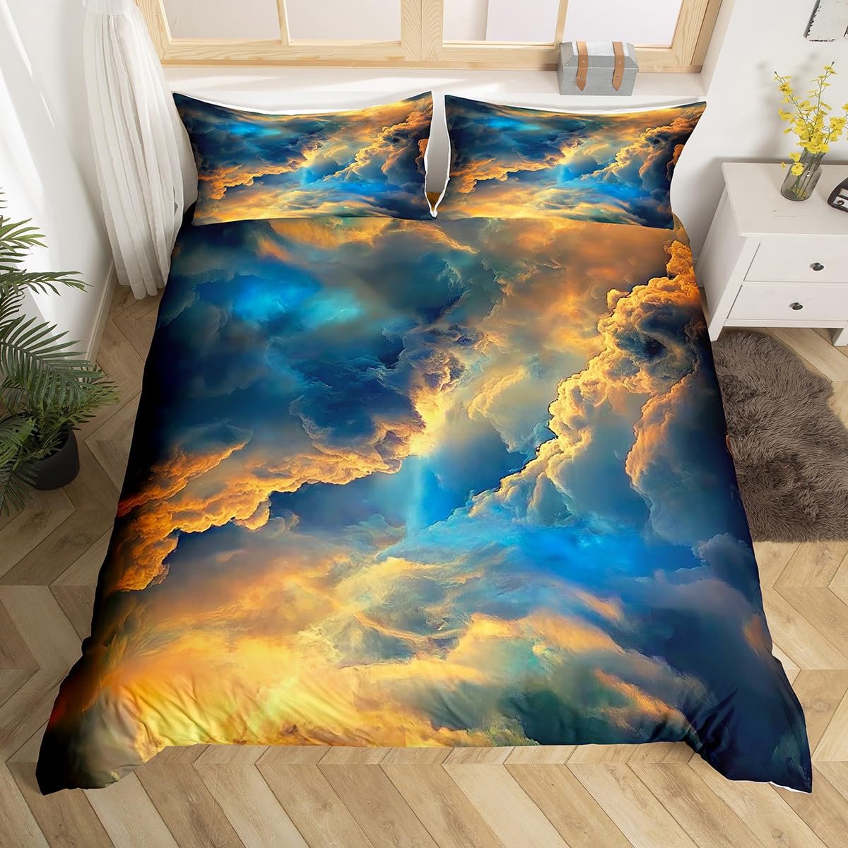 Beautiful Heavenly Duvet Cover Super King for Kids Teens Adults,Oil Painting Sunlight Bedding Set,Sun Clouds Bed Set,Sky and Clouds Quilt Cover with 2 Pillowcases Bedroom Decor