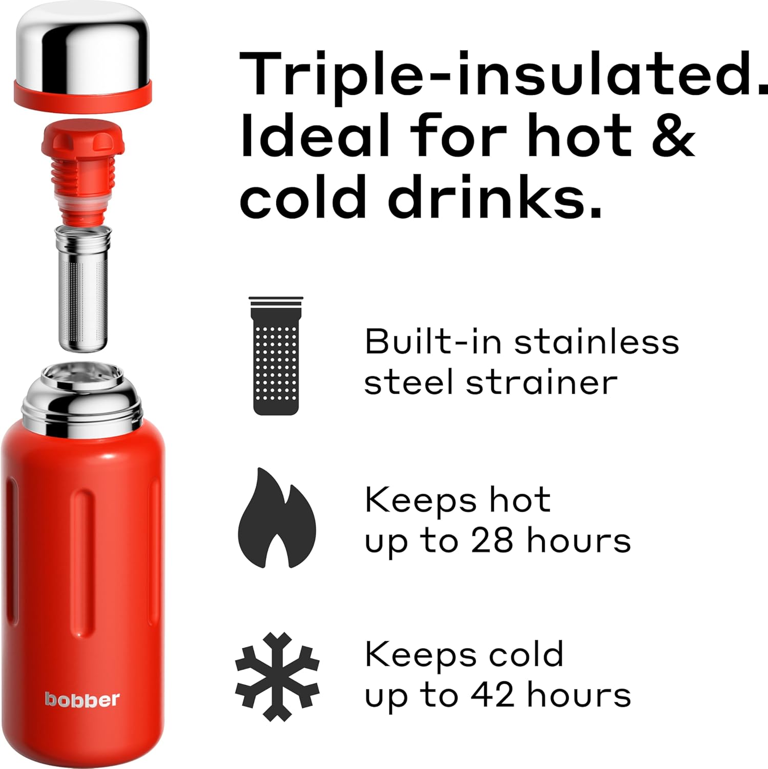 BOBBER 26 oz Stainless Steel Heavy Duty Thermo Flask with Removable Tea Infuser – Keeps Hot 28 Hours, Cold 42 Hours – Rugged, Leak-Proof, Dishwasher Safe Vacuum Insulated Bottle (Red)