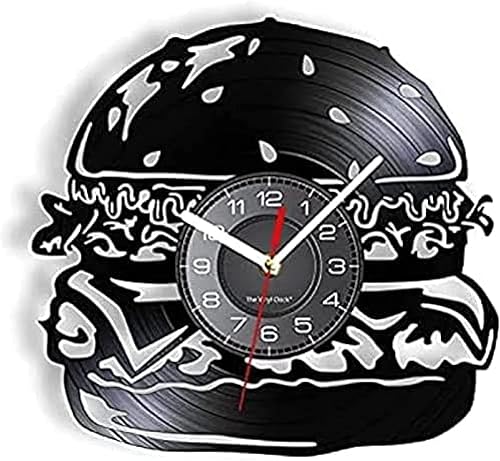 Wall Clock Kitchen Clocks Hamburger Fast Food Vinyl Record Wall Clock Delicious Food Burger Restaurant Vintage Clock Artwork for Lunch Kitchen Roman