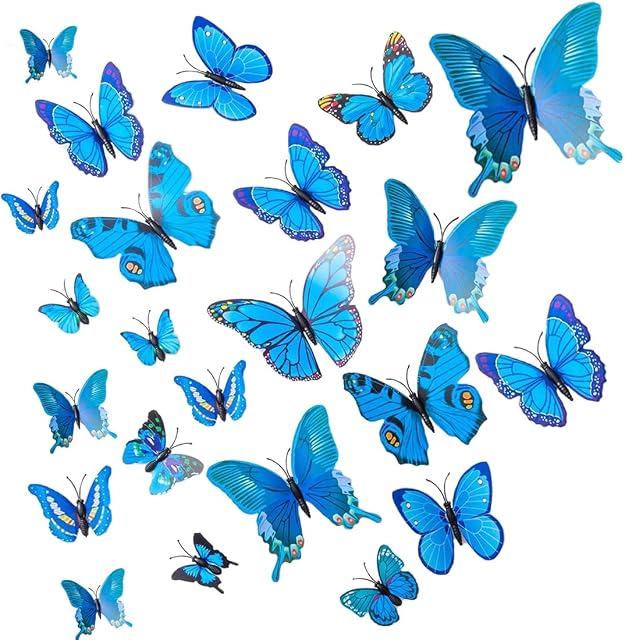 24pcs 3D Butterfly Wall Stickers Butterfly Decoration for Bedroom Party Cake Decors for Girls & Boys (Blue)