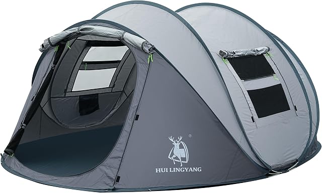 4 Person Pop Up Camping Tente, Imperméable tentes familiales instantanées, Installation facile avec 2 Portes Camping Tente pour Randonnée & Voyageur, Gris