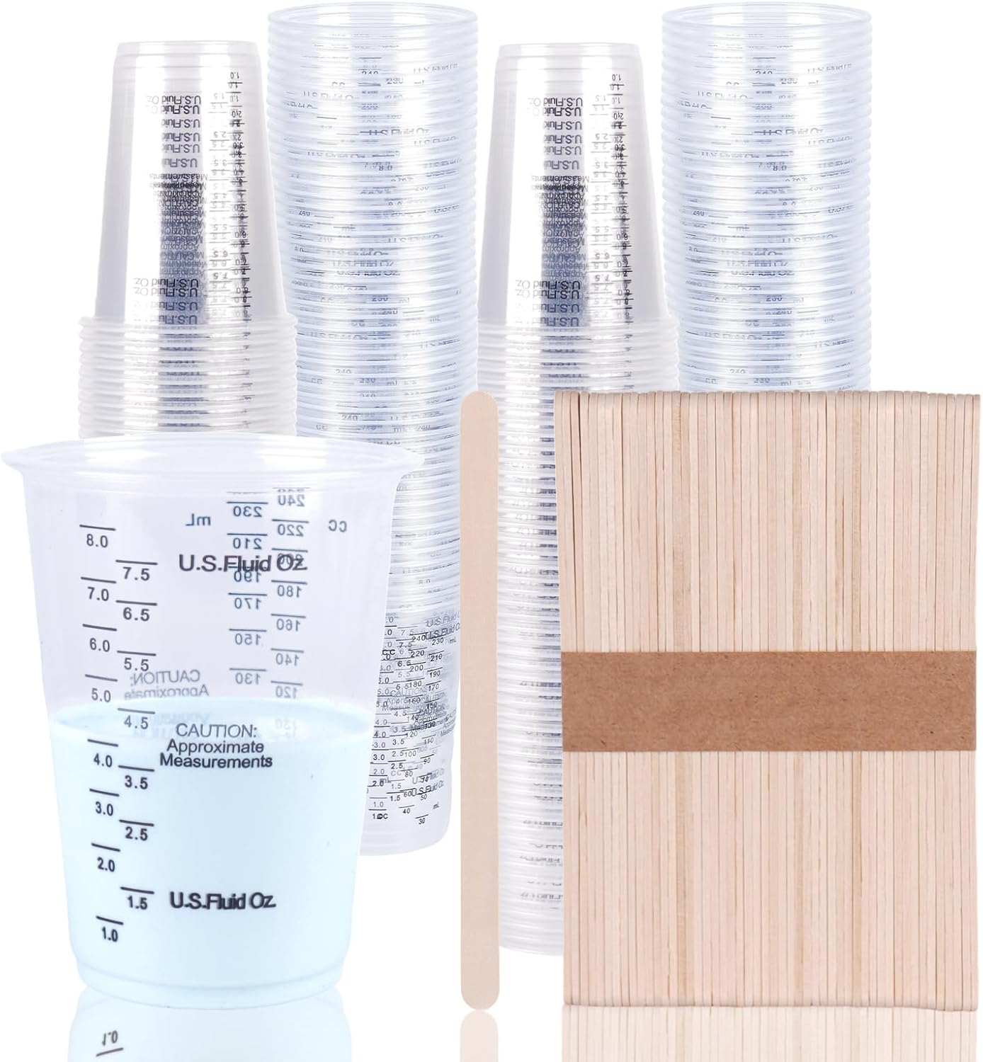 200Pcs 8 oz Graduated Clear Plastic Measuring Cups with 200pcs Wooden Stirring Sticks for Mixing Paint, Liquid Measuring Pigments, Epoxy Resins