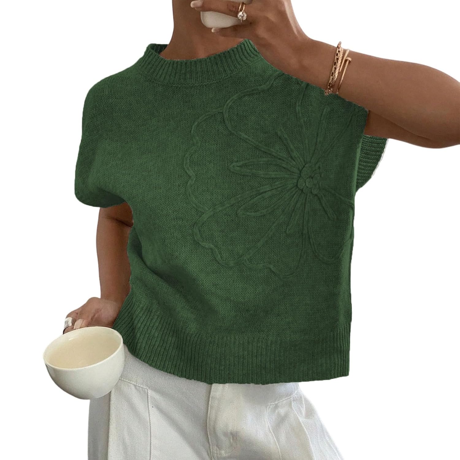 Women Y2K Trendy Mock Neck Cap Sleeve 3D Floral Applique Crop Knit Sweater Vest Girls Oversized Pullover Sweater
