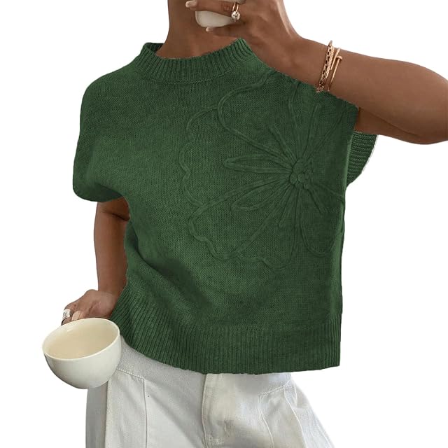 Women Y2K Trendy Mock Neck Cap Sleeve 3D Floral Applique Crop Knit Sweater Vest Girls Oversized Pullover Sweater