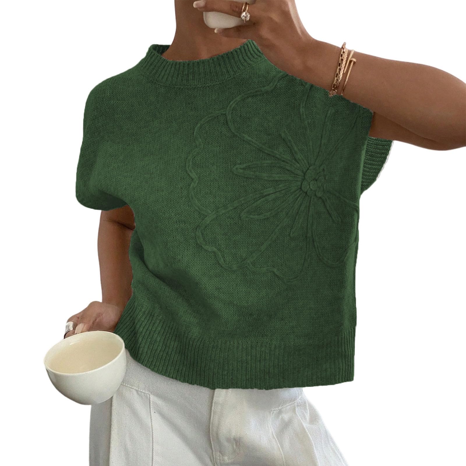 Women Y2K Trendy Mock Neck Cap Sleeve 3D Floral Applique Crop Knit Sweater Vest Girls Oversized Pullover Sweater