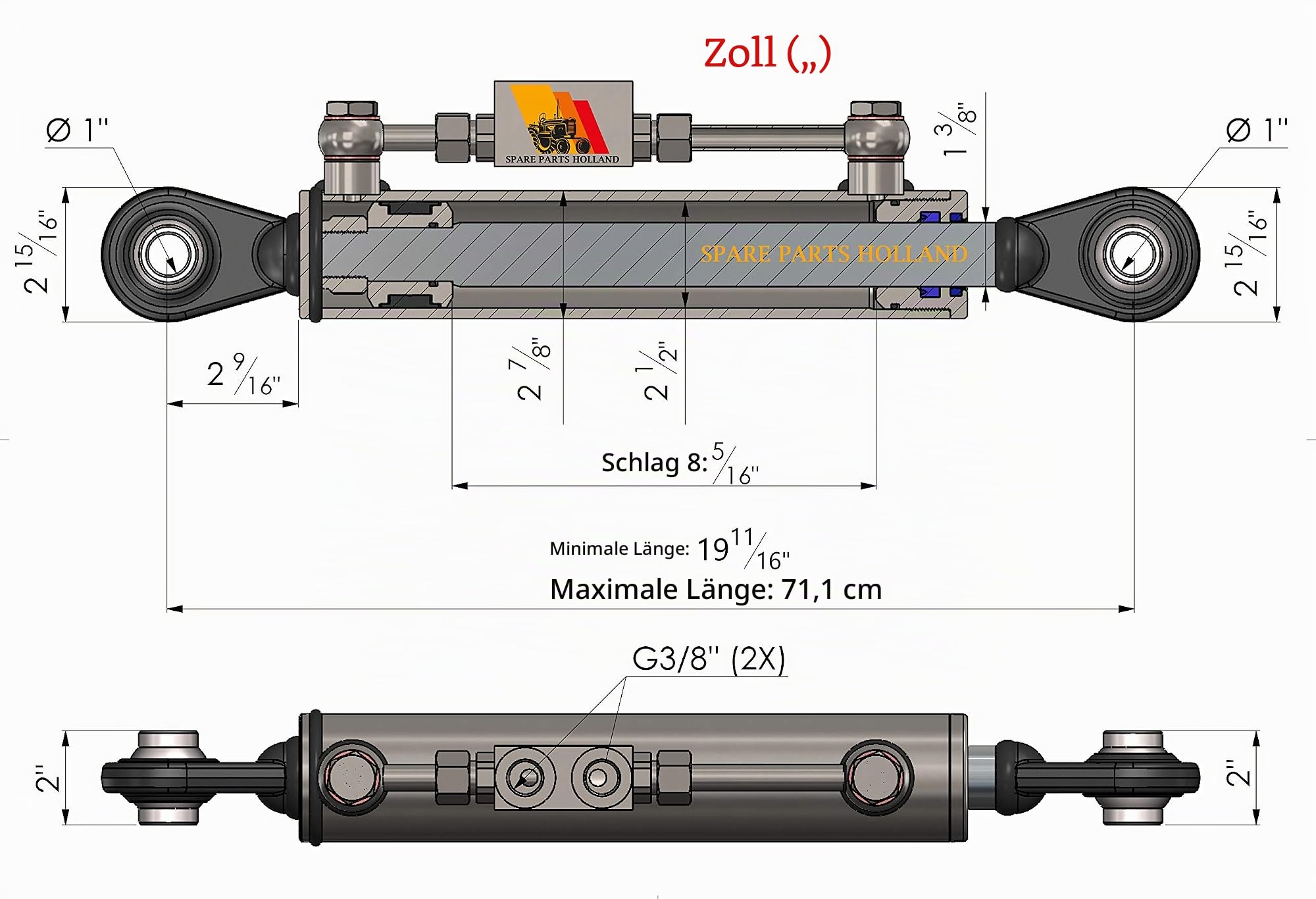 Hydraulischer Oberlenker Kat. 2-2 (500-710 mm) mit Sperrblock und Schläuchen