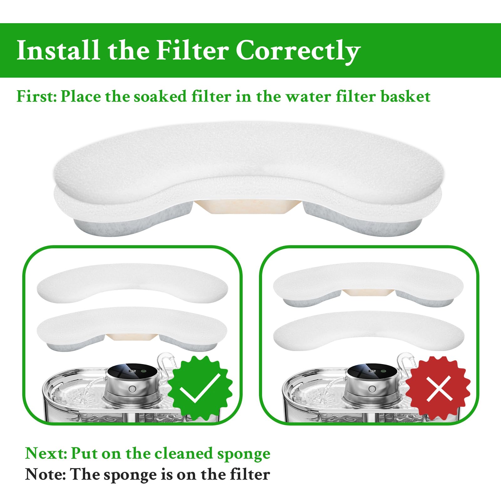 Filtros de fuente de agua para gatos, paquete de 12 filtros y esponjas de repuesto para fuente inalámbrica de gato de acero inoxidable de 3 L, filtro dispensador automático de agua para perros