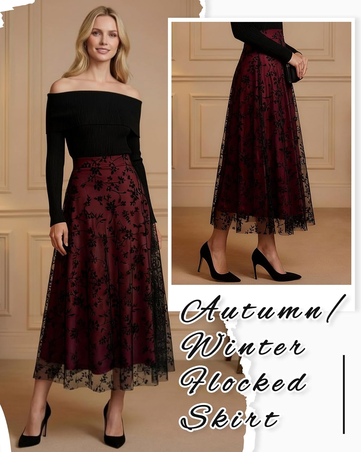 Women Floral Mesh Midi Skirt Boho High Waist Layered Tulle Skirt Flowy A-Line for Spring Fall Travel Wedding Date - Image 5