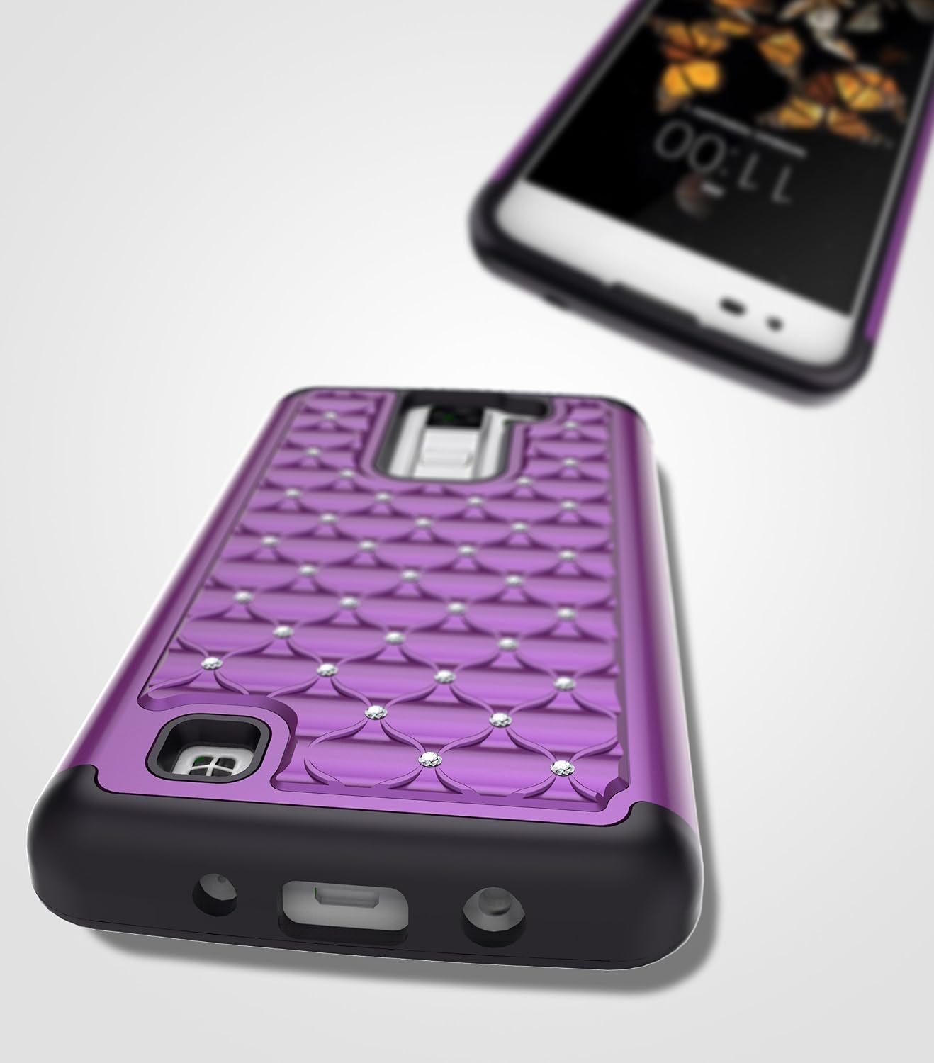 Style4U LG K8 Case, LG Escape 3 Case, LG Phoenix 2 Case, Studded Rhinestone Crystal Bling Hybrid Armor Case Cover for LG K8 / LG Escape 3 / LG Phoenix 2 with 1 Stylus [Purple/Black]