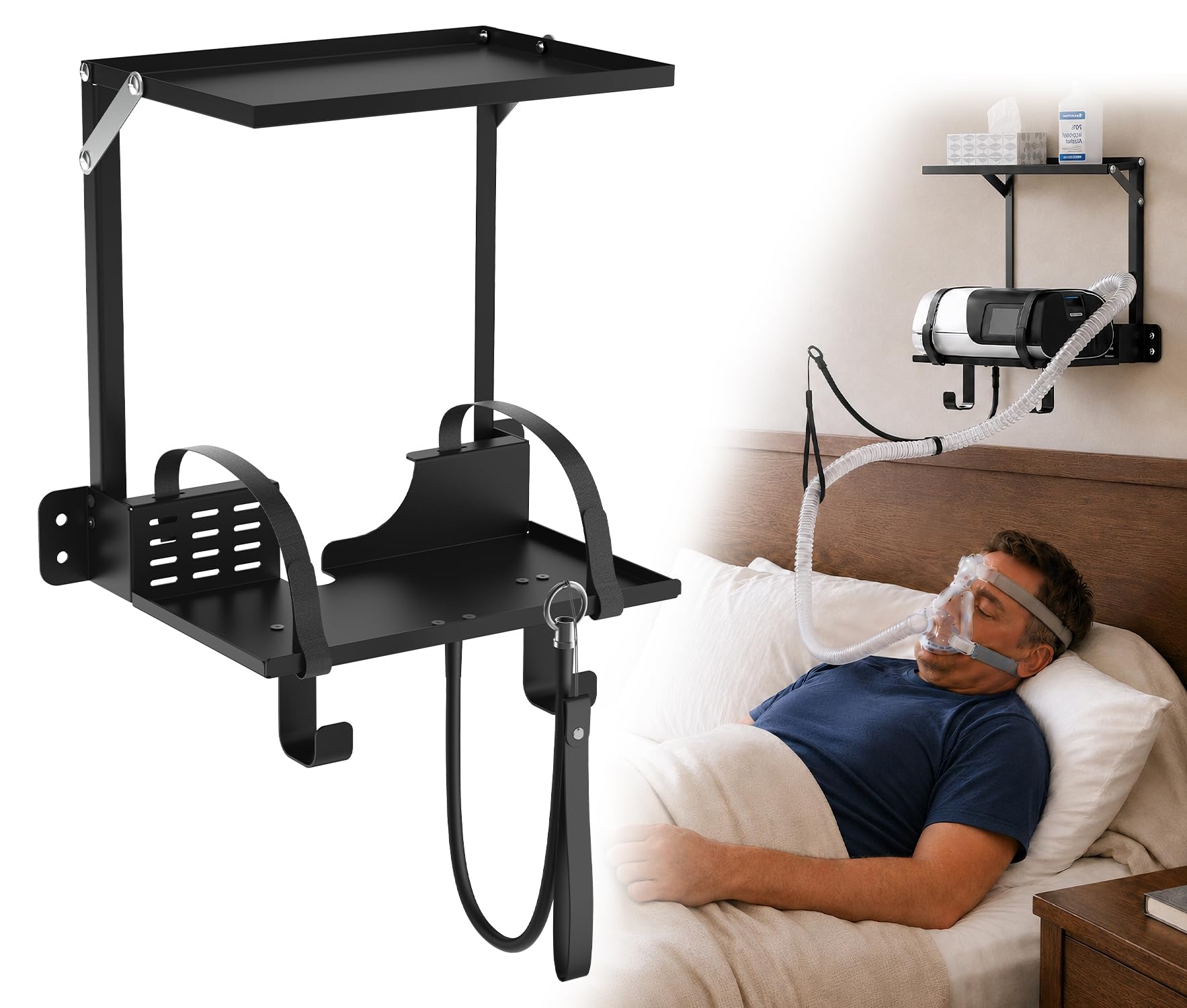 Photo 1 of 2-Tier CPAP Wall Mount Shelf Compatible with ResMed AirSense 11, Space-Saving CPAP Holder with 180° Rotatable Hose Arm & Dual Mask Hooks, Heavy-Duty Metal CPAP Organizer, CPAP Stand for Bedside