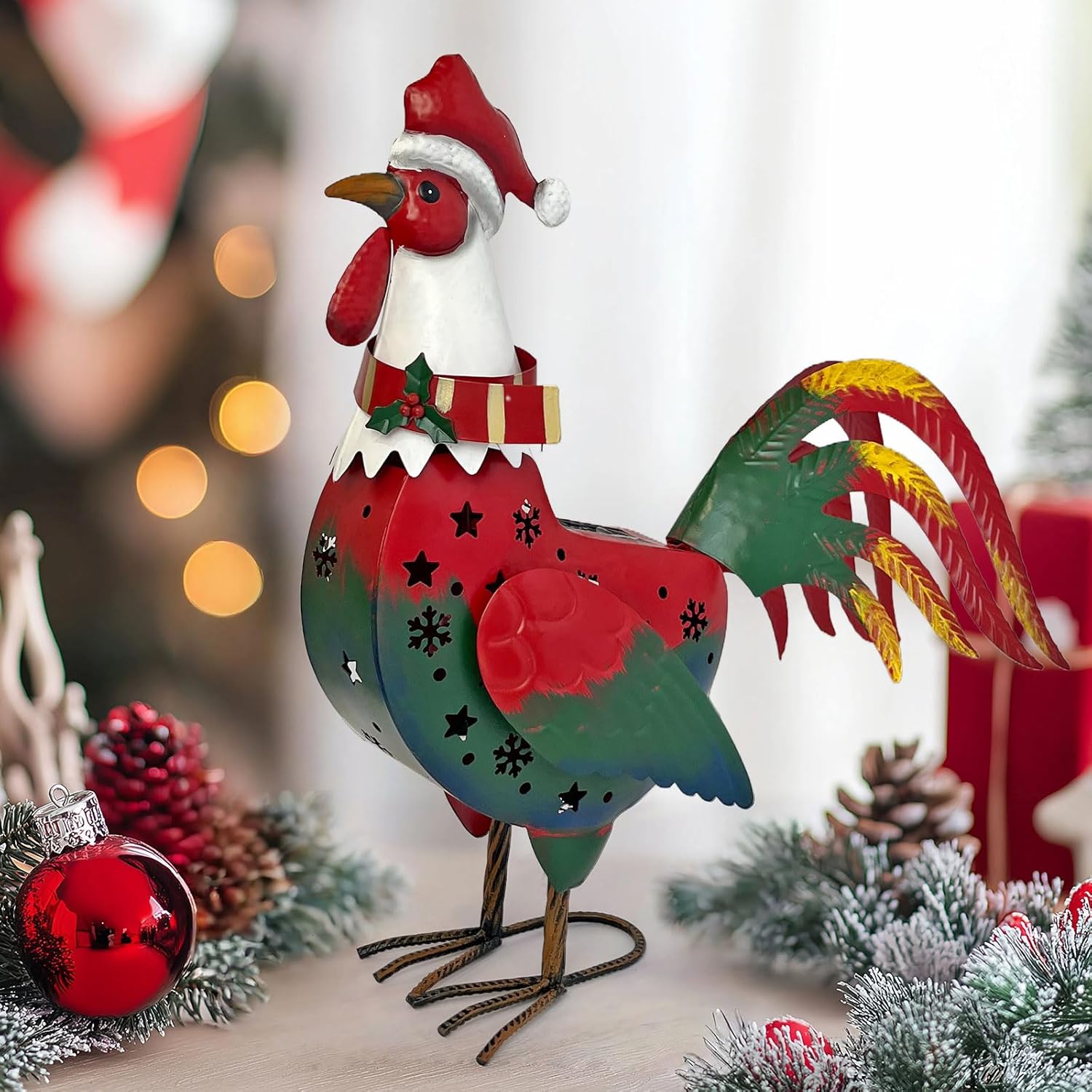 LIFFY Solar Metal Rooster Yard Decor,18" Metal Chicken Outdoor Decor with LED Light,Garden Rooster Statues for Outside,Patio Decorative Ornaments for Home Backyard Landscape