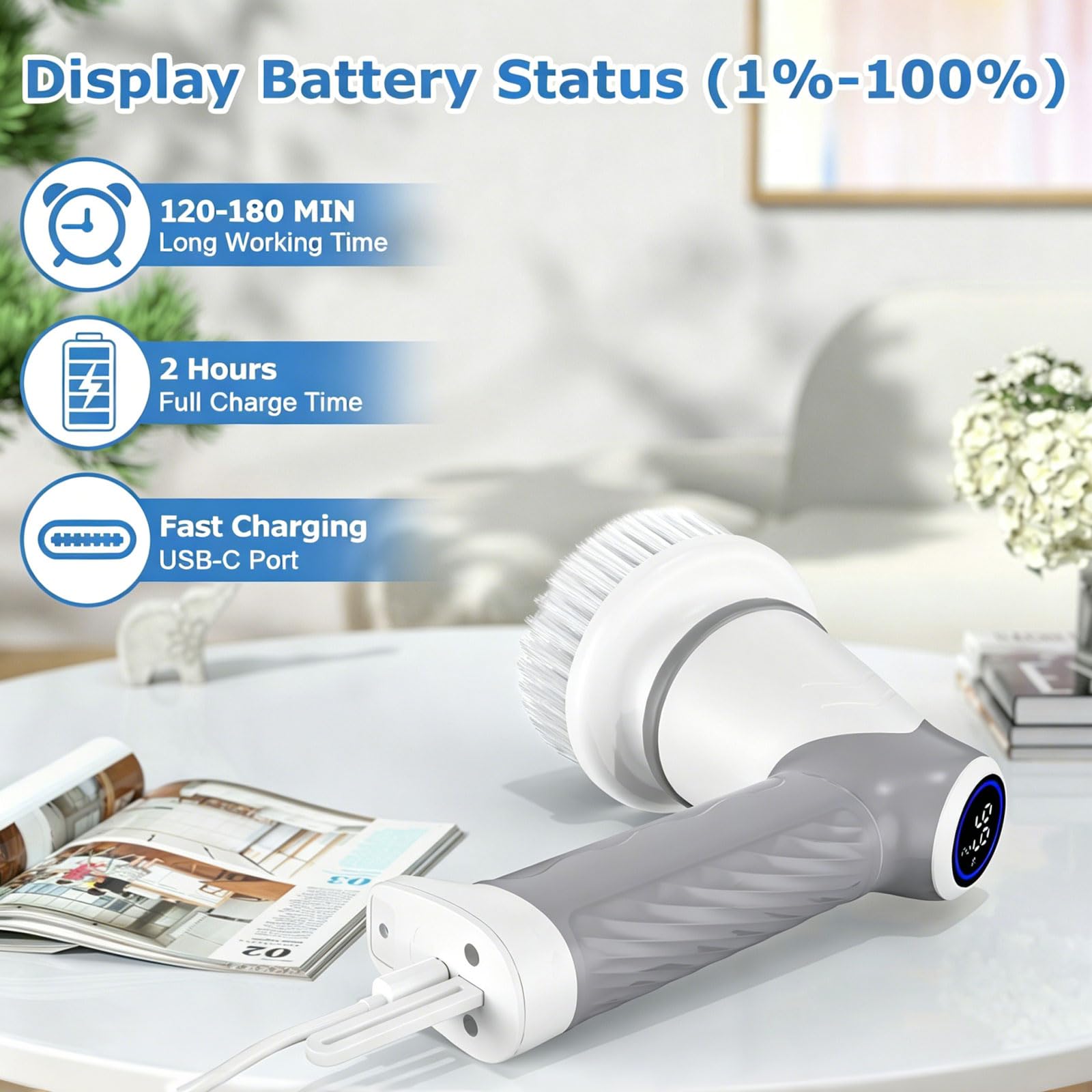 DAESUNG Cepillo de baño eléctrico giratorio con 7 cabezales reemplazables, limpiador eléctrico con pantalla LED, limpiador eléctrico para limpiar ducha, azulejos, lechada, fregadero