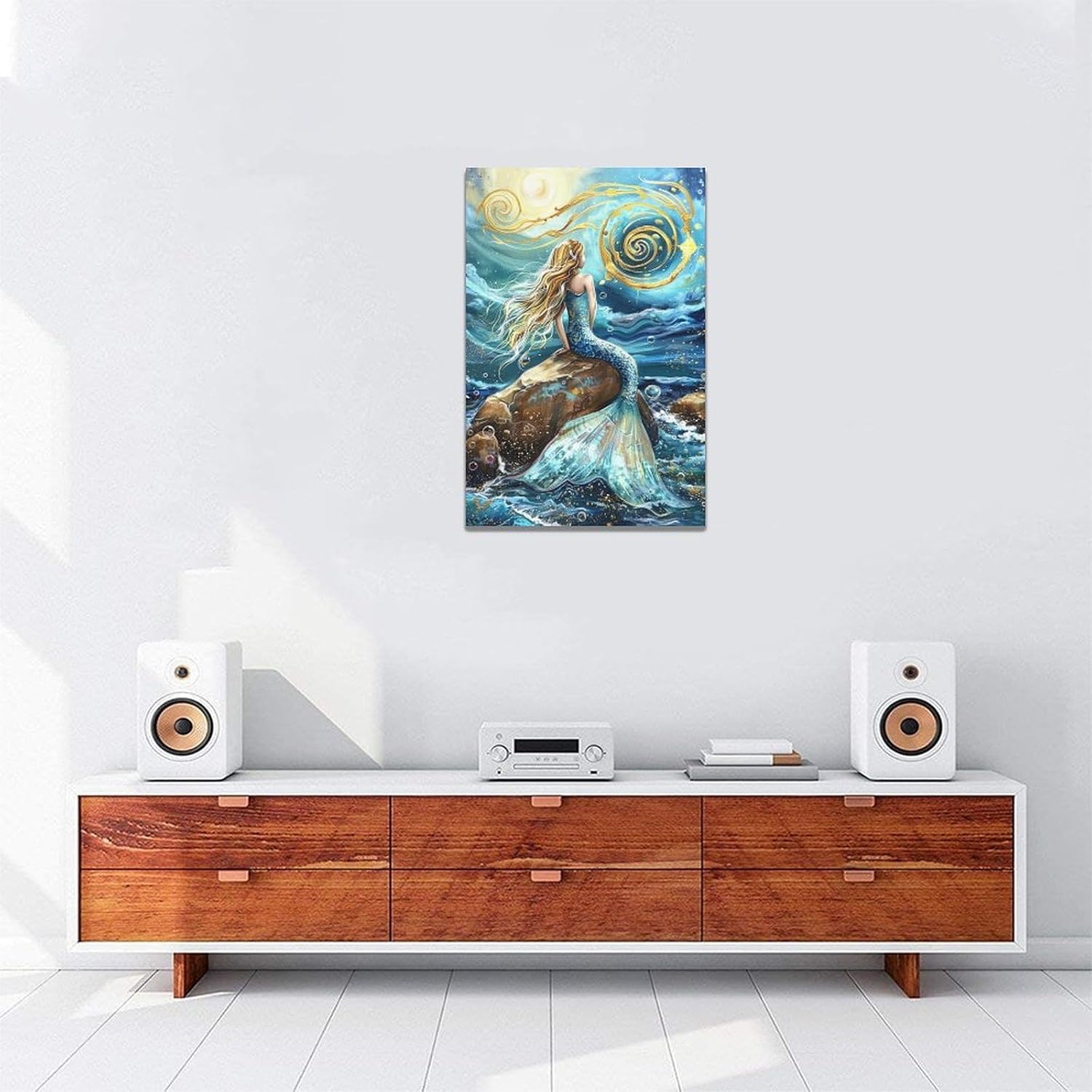Quorin Mermaid Bathroom Wall Art Ocean Nautical Coastal Pictures Mermaid Wall Decor Golden Sun Canvas Print Painting Artwork for Bathroom Living Room Bedroom 16"x24"