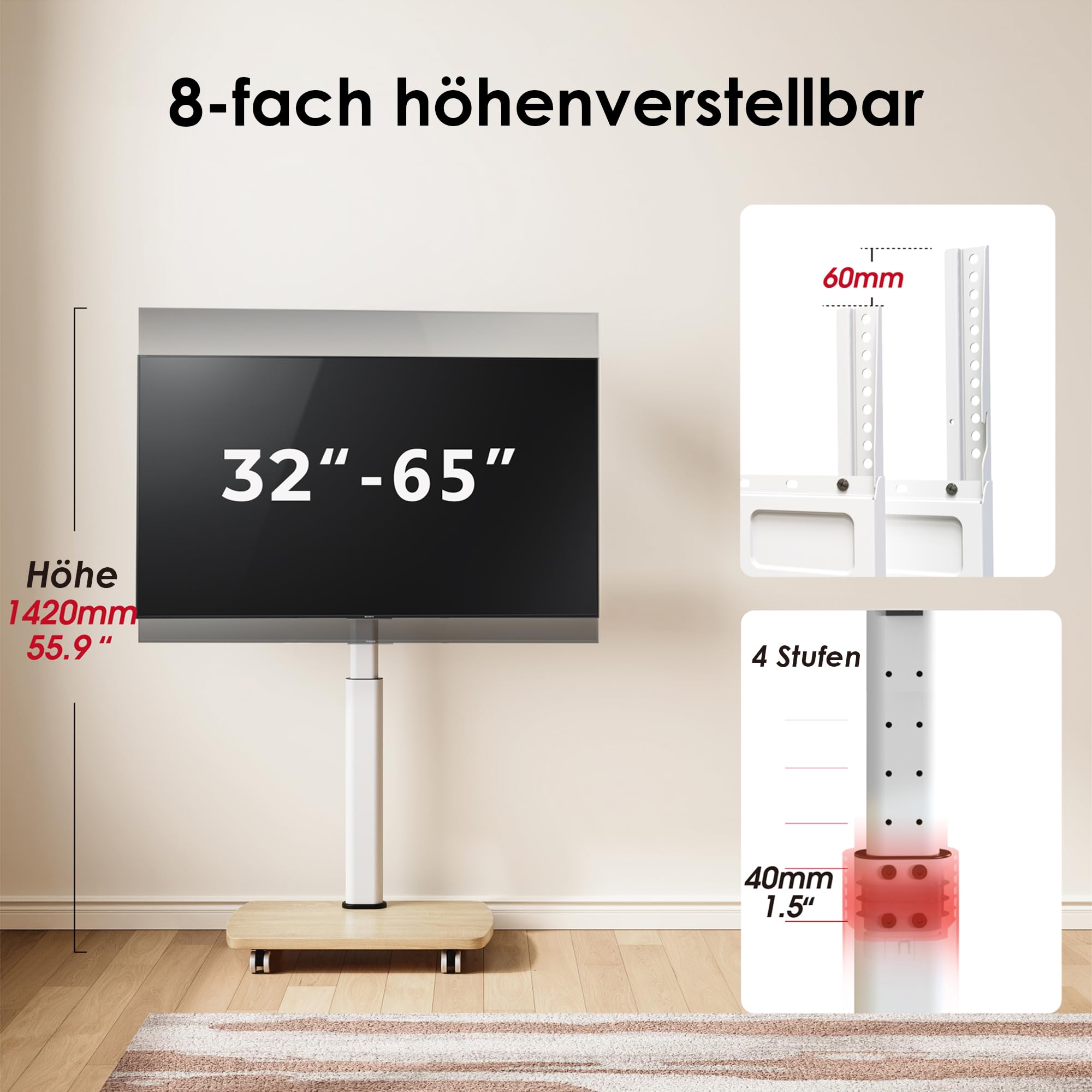 AOKCOS TV Ständer Rollbar mit Holzablage, Fernsehständer auf Rollen für 32-65 Zoll, Höhenverstellbar Schwenkbar, bis 40 kg, VESA 400x400mm (Weiß+Natur)