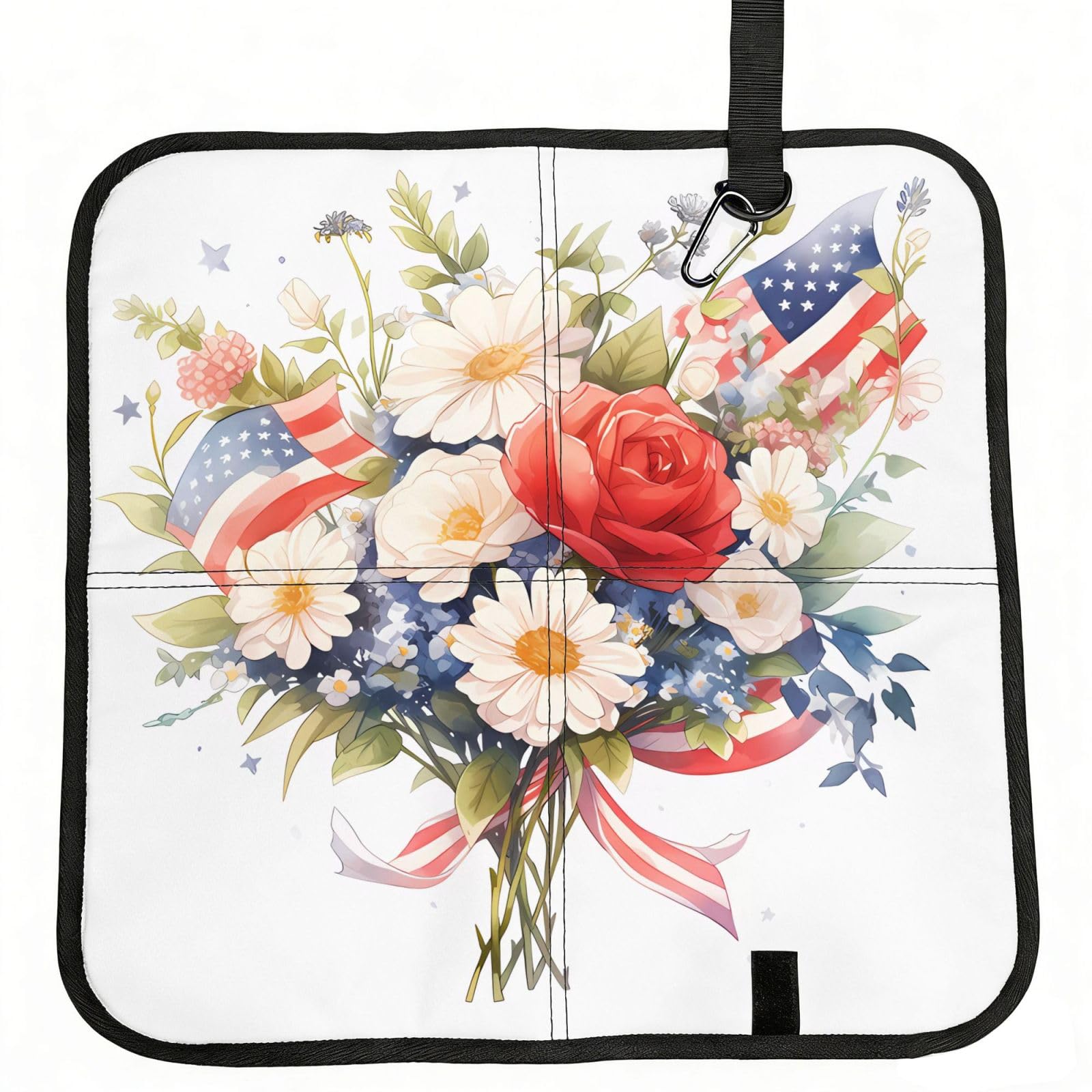 WBQLSL Flags and Flowers Foldable Seat Cushion - Portable Stadium Pad with Carabiner for Camping Hiking Picnic Beach