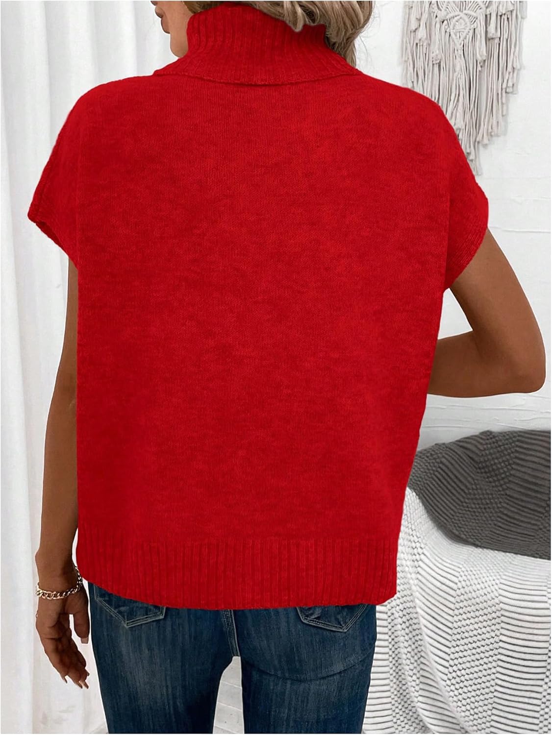 WDIRARA Women's Turtleneck Cap Sleeve Sweater Vest Pullover Knitted Top Loose Oversized Knitwear - Image 2