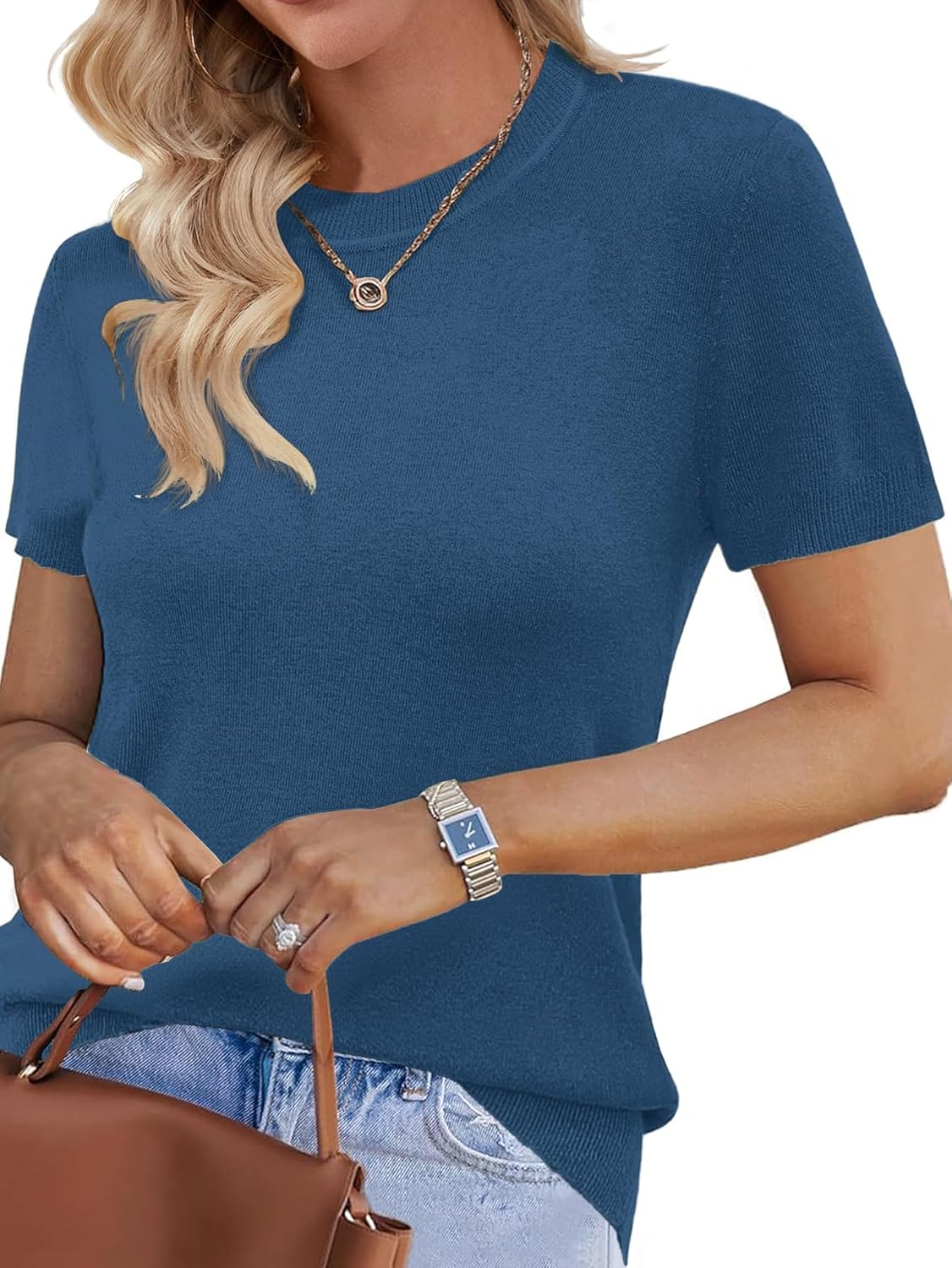 Womens Short Sleeve Sweater Fall 2025 Business Casual Outfits Crewneck Lightweight Thin Sheer Knit T-Shirt Top - Image 2